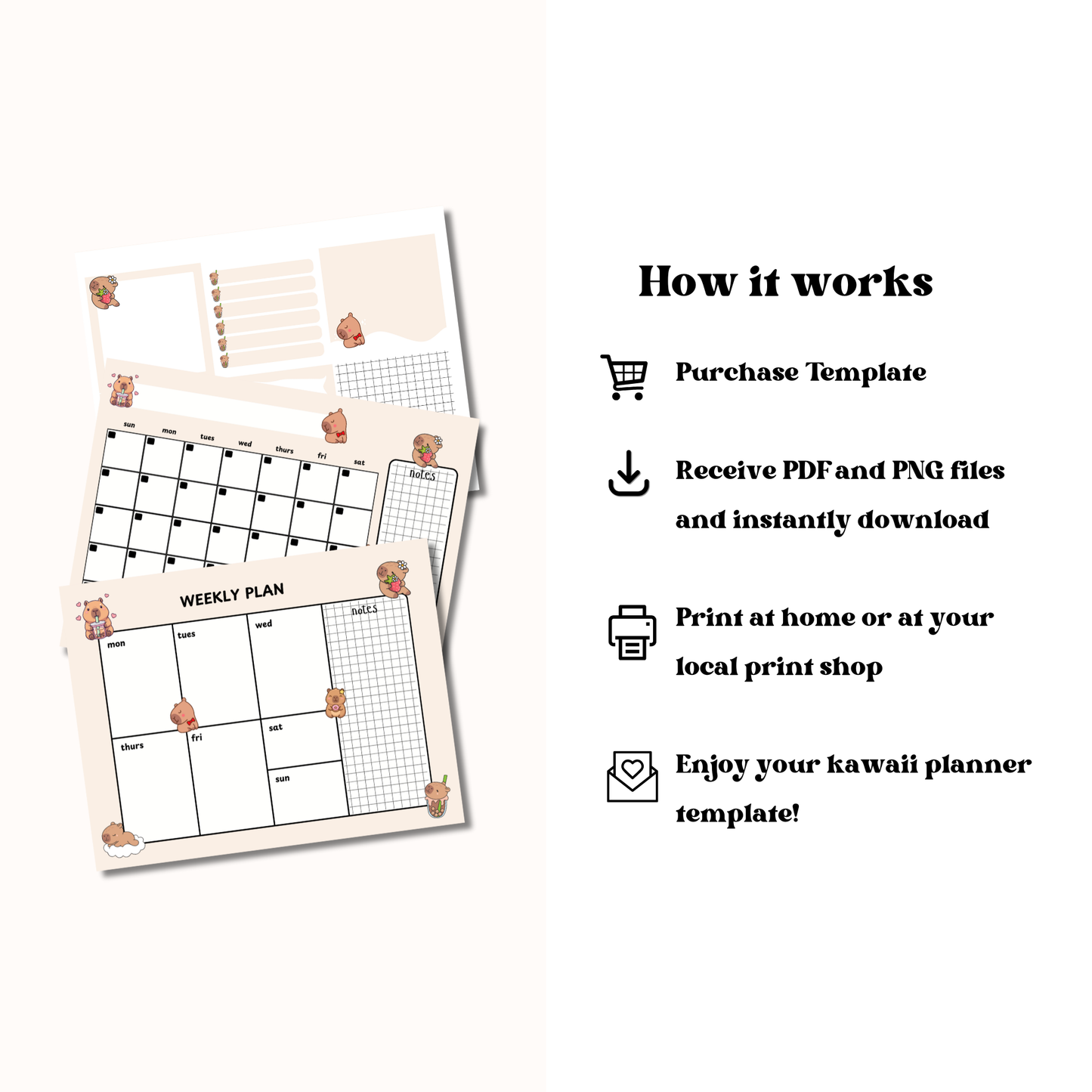Kawaii Capybara Planner Set: Monthly Calendar, Weekly Calendar, & Memo Notes | Printable | Instant Download