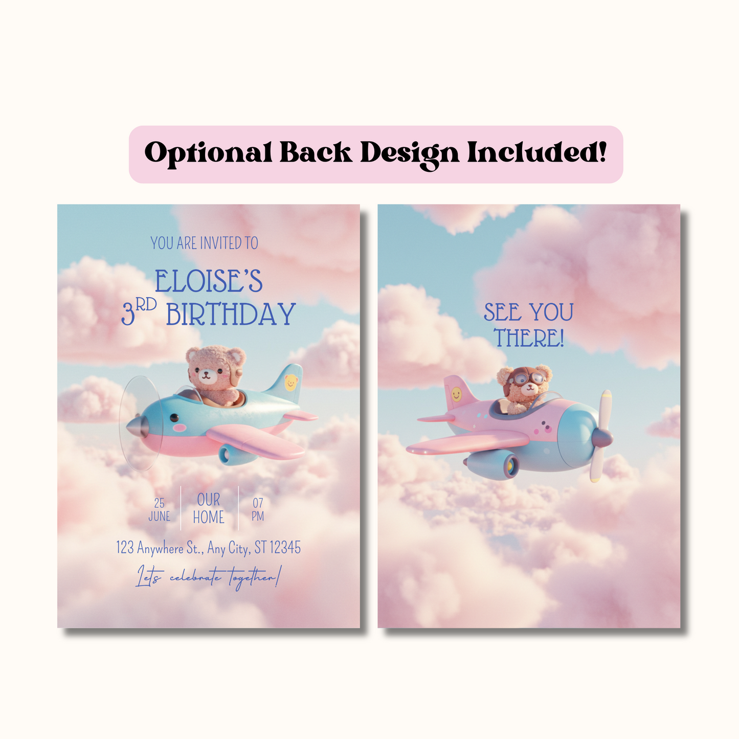 Airplane Kawaii Bear Pilot Birthday Invitation, Editable Invite, Instant Download 5x7