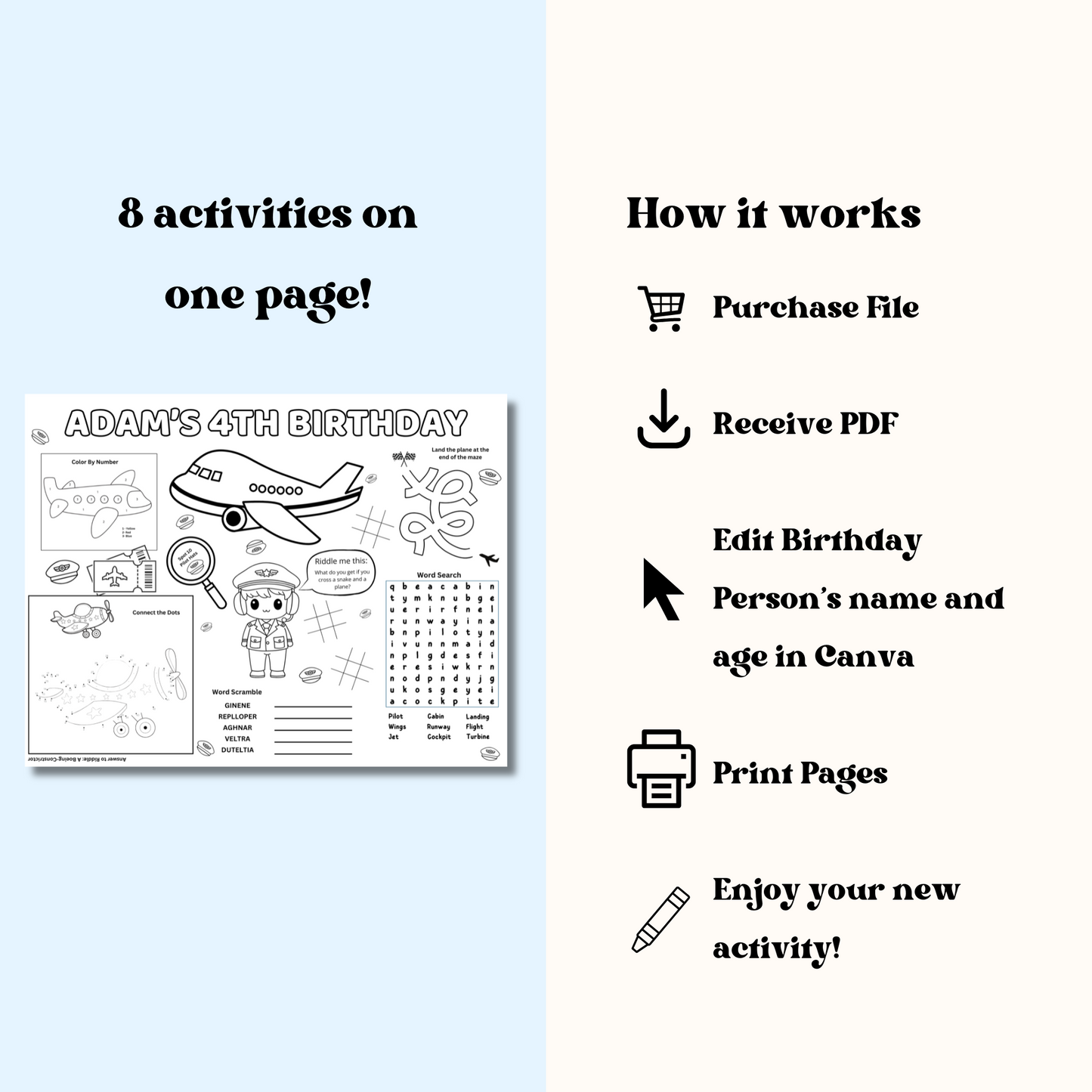 Airplane Editable Activity Placemat, Airplane Pilot Birthday Activity Page Template Black & White