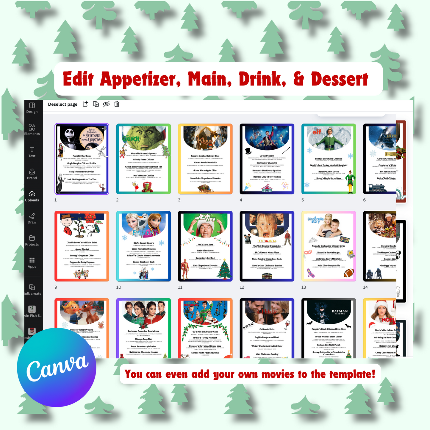 33 Christmas Dinner and a Movie Night Menus & Tickets, Holiday Movie Night Ideas for Family Movie Night, Kid Friendly Editable Menus