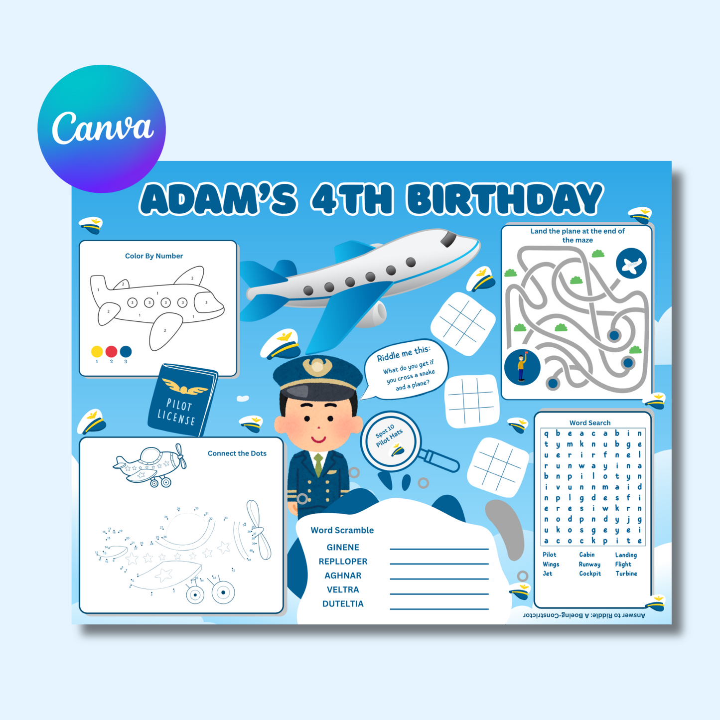 Airplane Editable Activity Placemat, Airplane Pilot Birthday Activity Page Template in Color