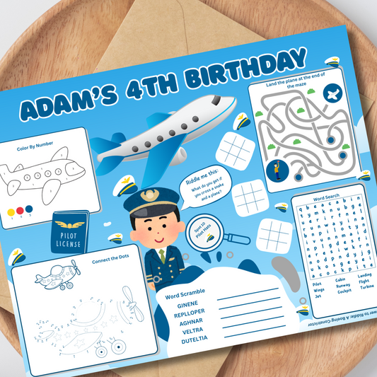 Airplane Editable Activity Placemat, Airplane Pilot Birthday Activity Page Template in Color