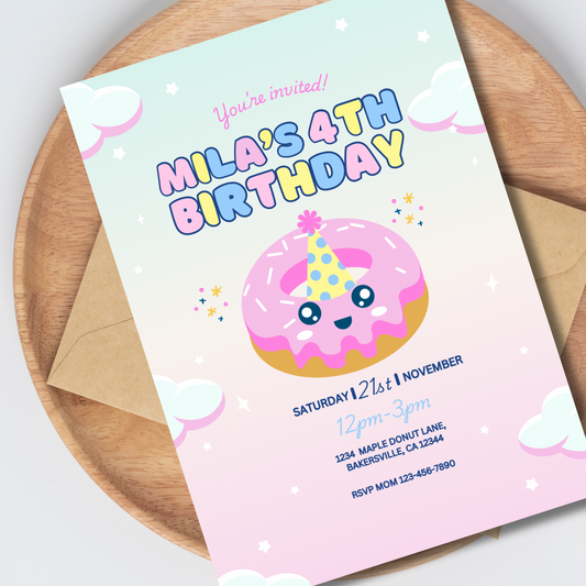 Donut Birthday Invitation, Kawaii Donut Party Invite, Editable Donut Invitation Template, Kid’s Donuts Birthday, Instant Download