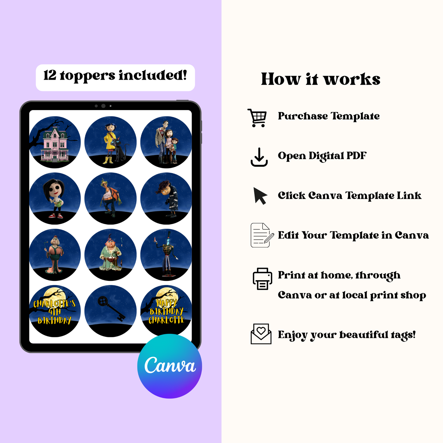 Coraline Cupcake Toppers: Cute Spooky Girl Birthday 12 Cupcake Toppers Editable Template (Instant Download)