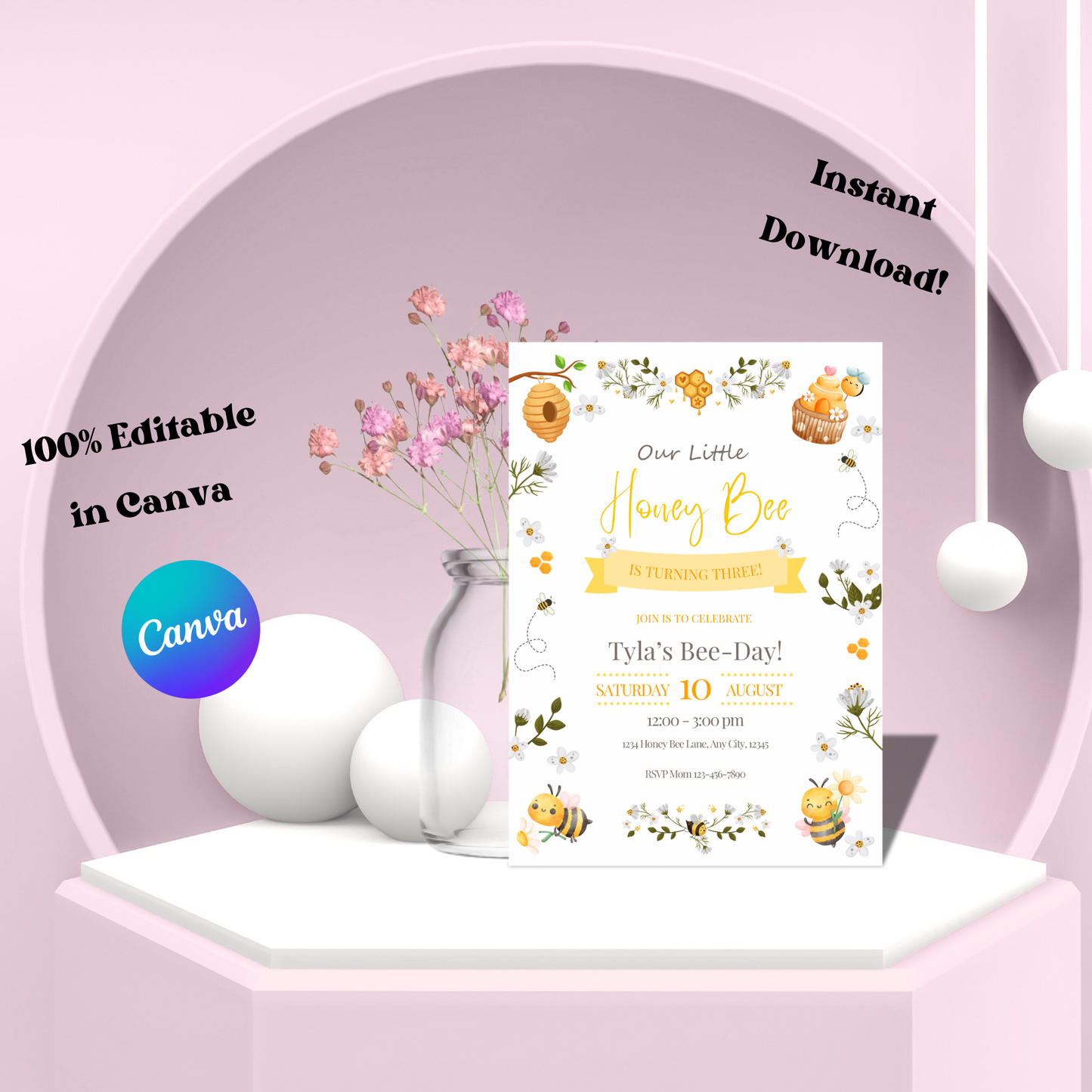 Bee Birthday Invitation, Little Honey Bee-Day Party Invite, Editable Bee Invitation Template, Bee Birthday, INSTANT DOWNLOAD