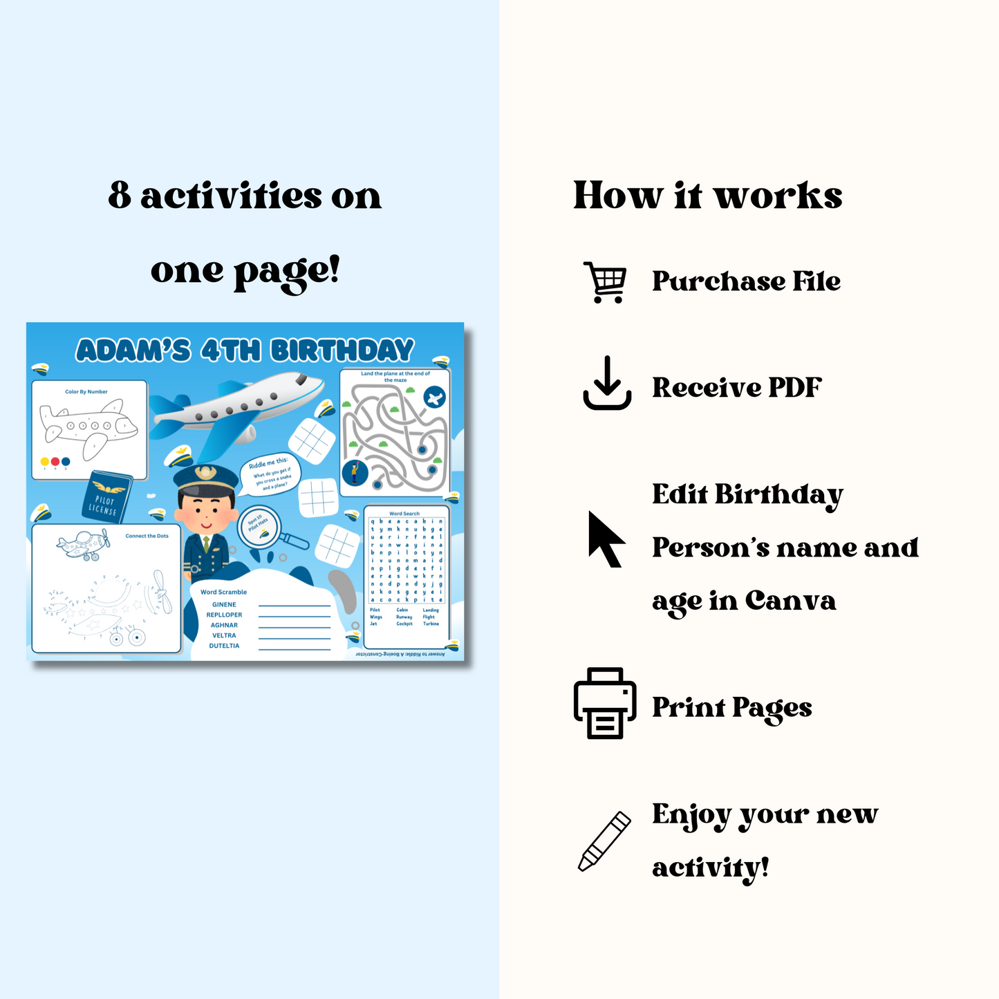 Airplane Editable Activity Placemat, Airplane Pilot Birthday Activity Page Template in Color
