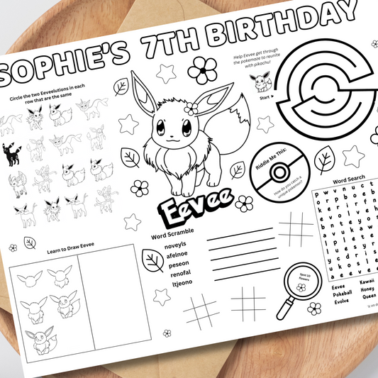 Eevee Editable Birthday Activity Page Placemat Placemat