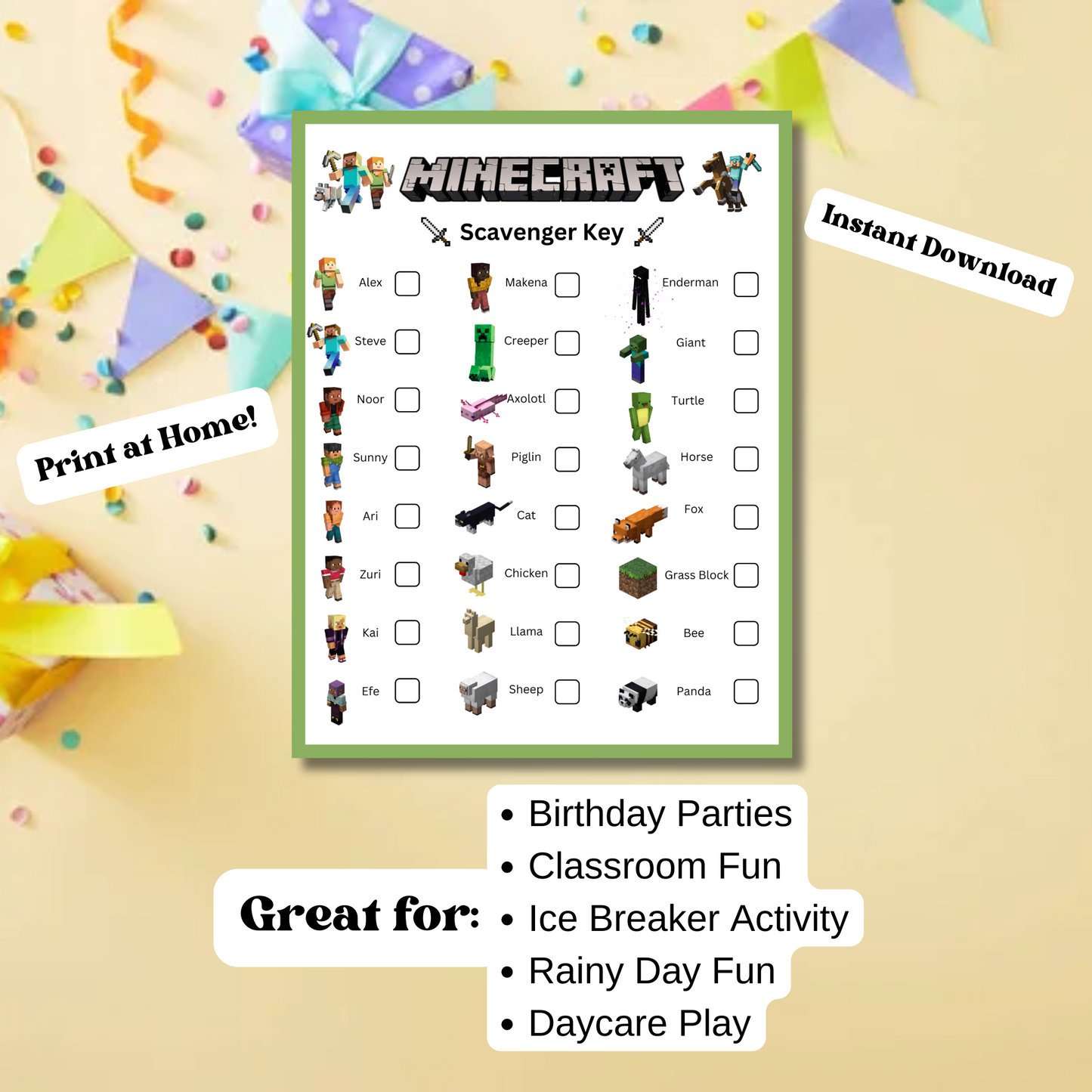 Minecraft Scavenger Hunt Game, Minecraft Friends Birthday Party Parody Printable