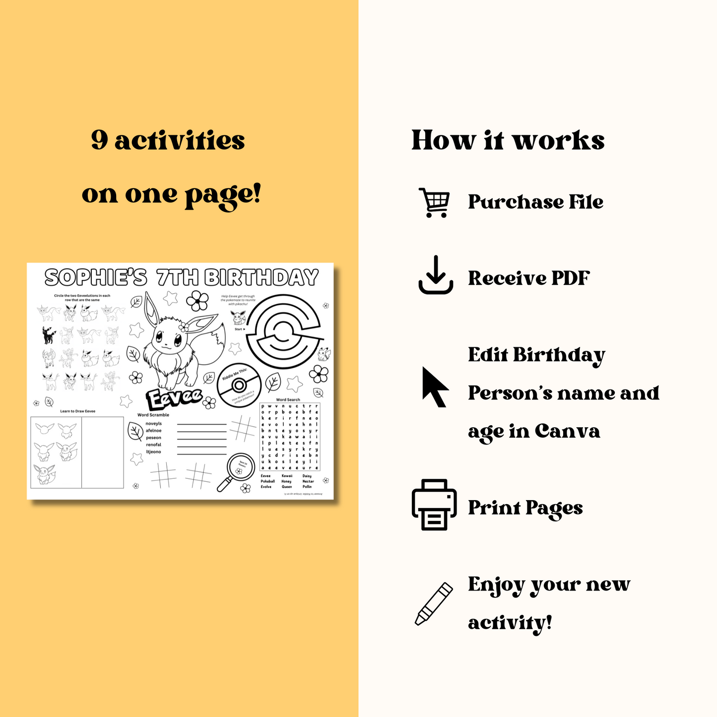 Eevee Editable Birthday Activity Page Placemat Placemat