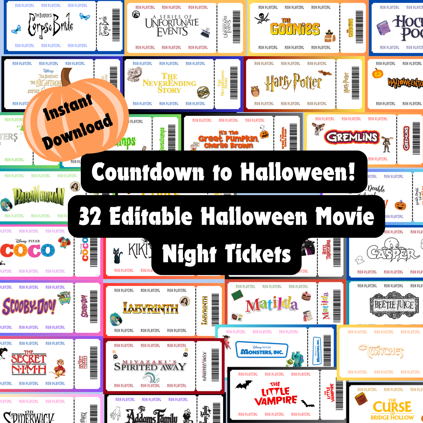 Halloween Dinner and a Movie Night Tickets, 30+ Halloween Movie Night Tickets for Family Movie Night, Kid Friendly Editable Tickets