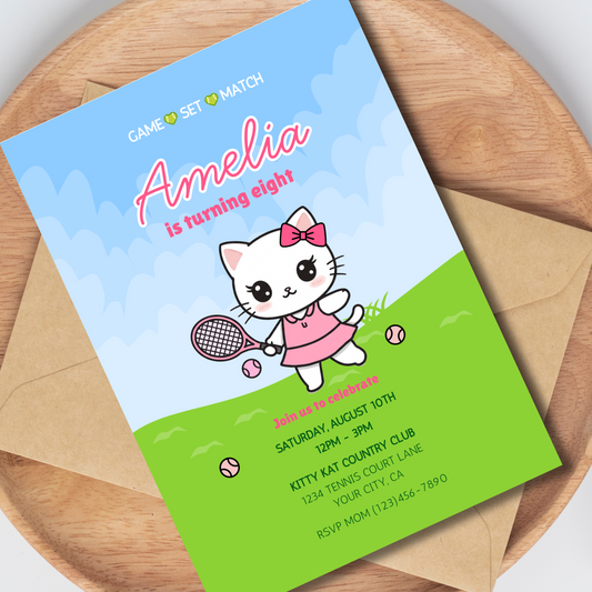 Cat Tennis Party Editable Birthday Invitation, Kawaii Kitty Tennis Invitation, Preppy Pink & Green Invite, Instant Download 5x7