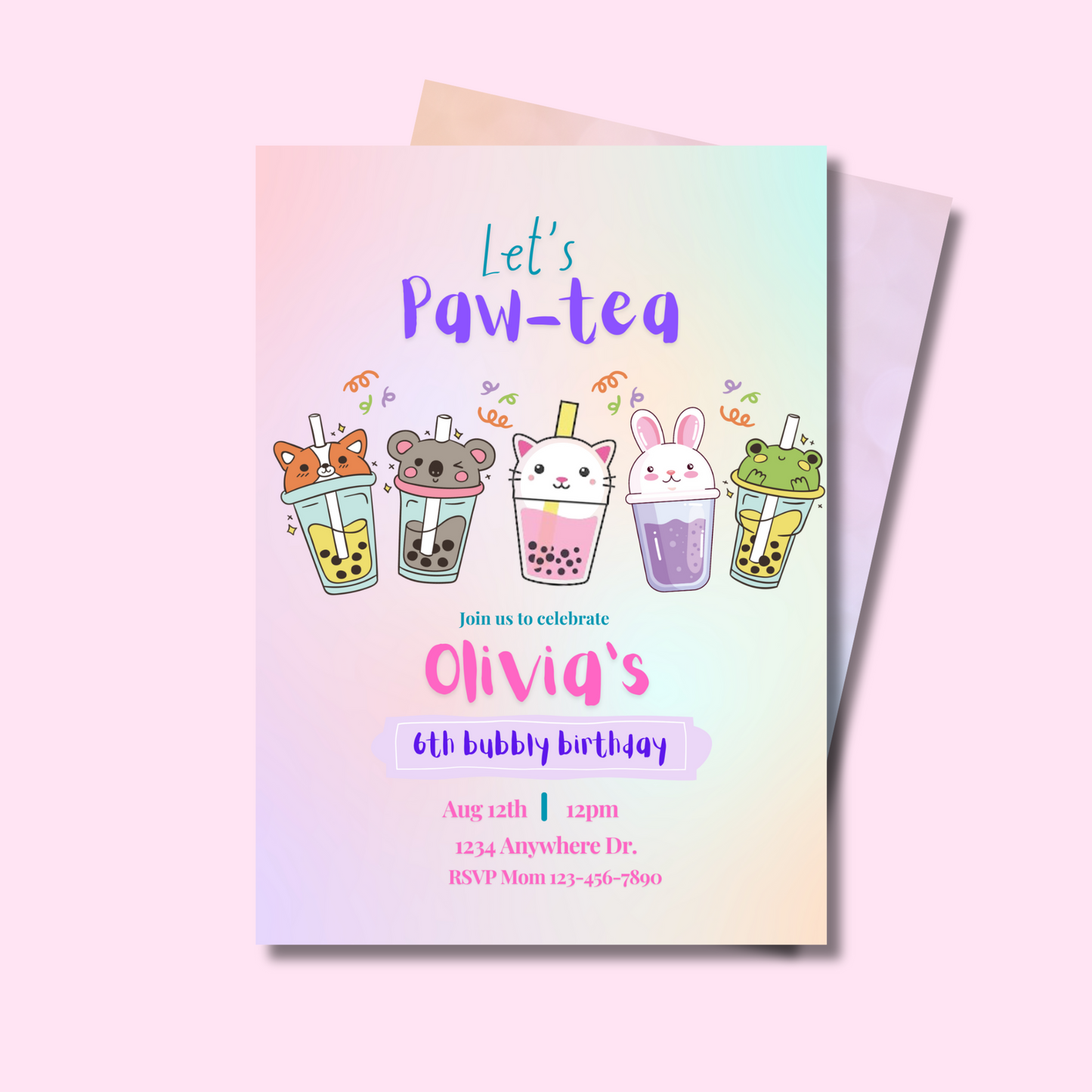 Boba Tea Birthday Invitation, Editable Bubble Tea Party Invite for Kids, Printable Paw-Tea Birthday Template, Instant Download, 5x7