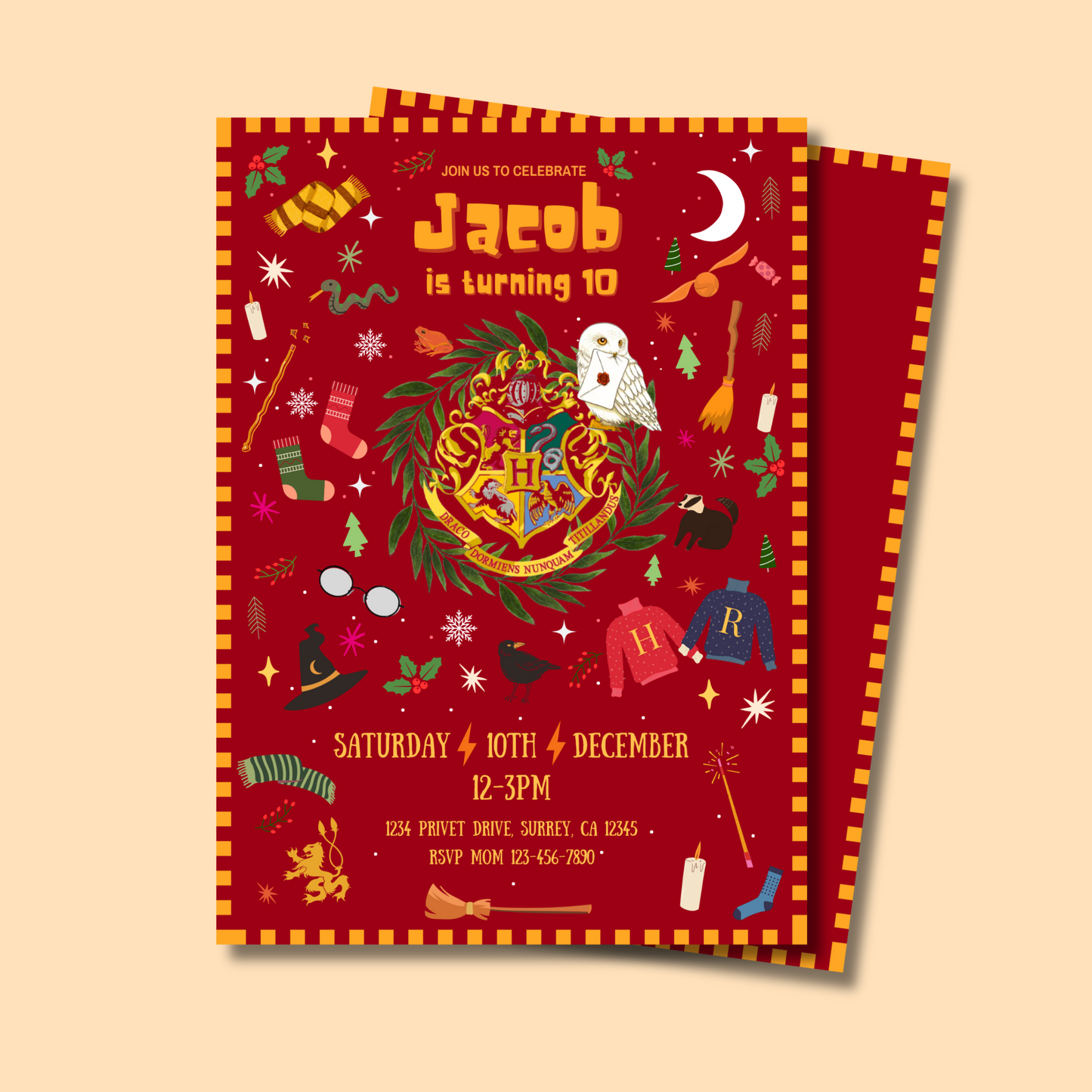 Magical Wizard Christmas Birthday Invitation, Holiday Party Invite, Red Winter Wizarding Theme, Editable Template, Instant Download, 5x7