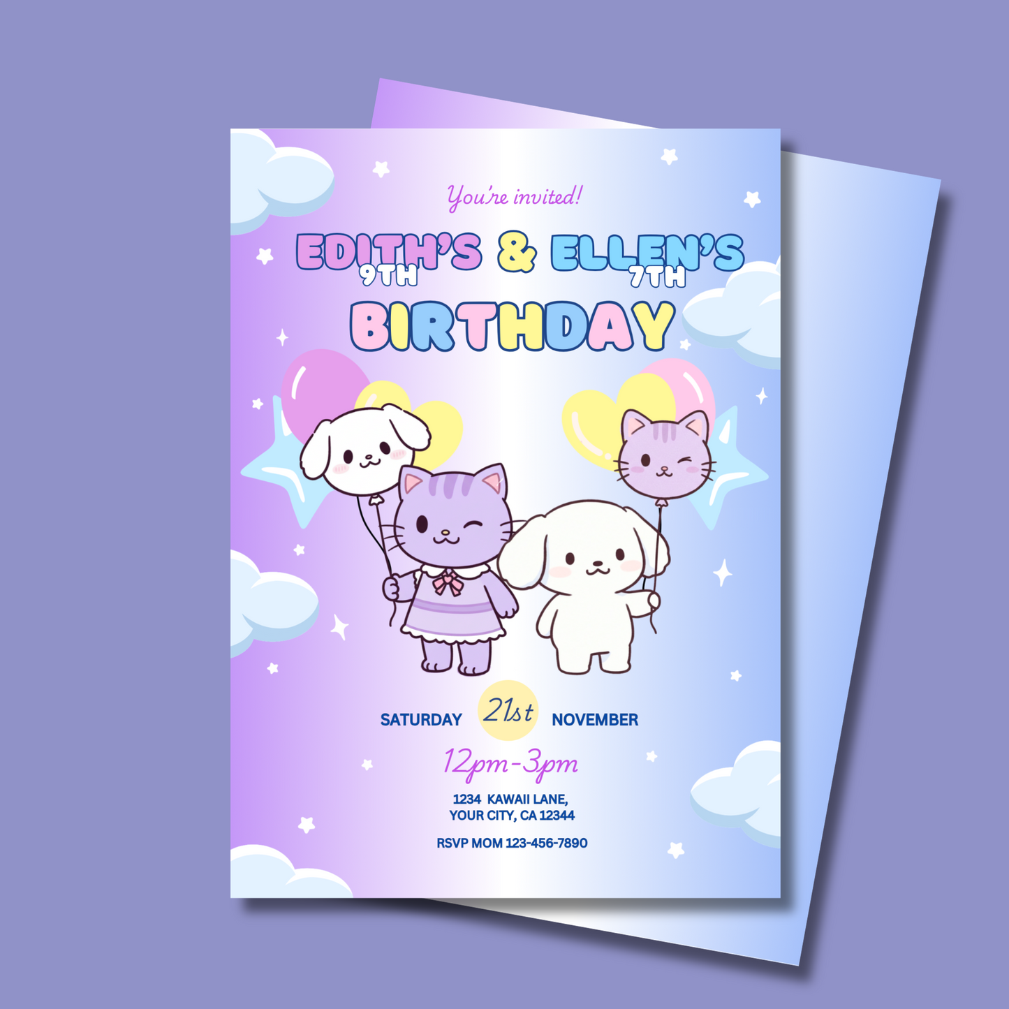 Duo Birthday Invite Editable, Kawaii Sibling Invitation, 5x7 Hand Drawn