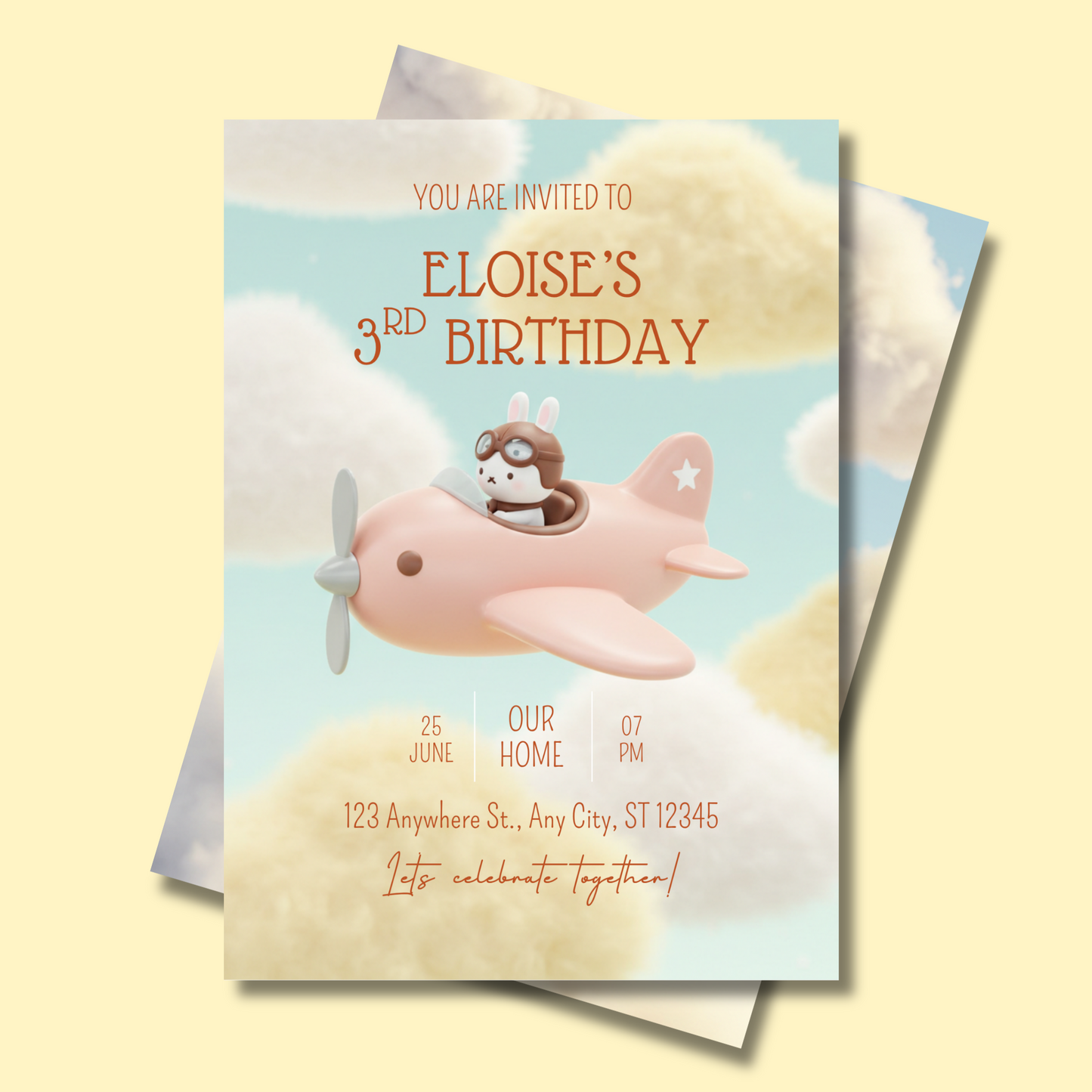 Airplane Kawaii Bunny Pilot Birthday Invitation, Editable Invite, Instant Download 5x7