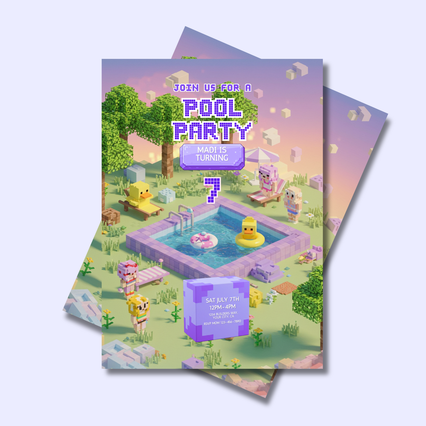 Pixel Pool Party Editable Invitation Template - Minecraft-Inspired Pink Pool Party Invite 5x7, Instant Download (Copy)
