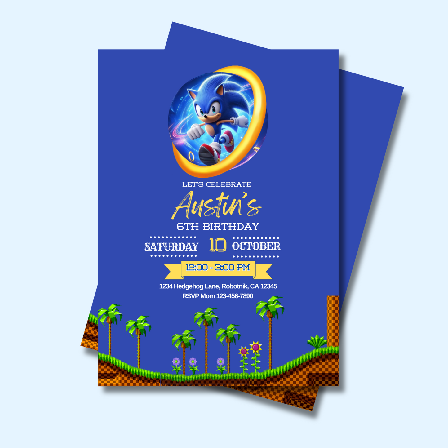 Sonic Birthday Invitation, Video Game Party Invite, Blue Boys Bday Invite, Instant Download, 5x7