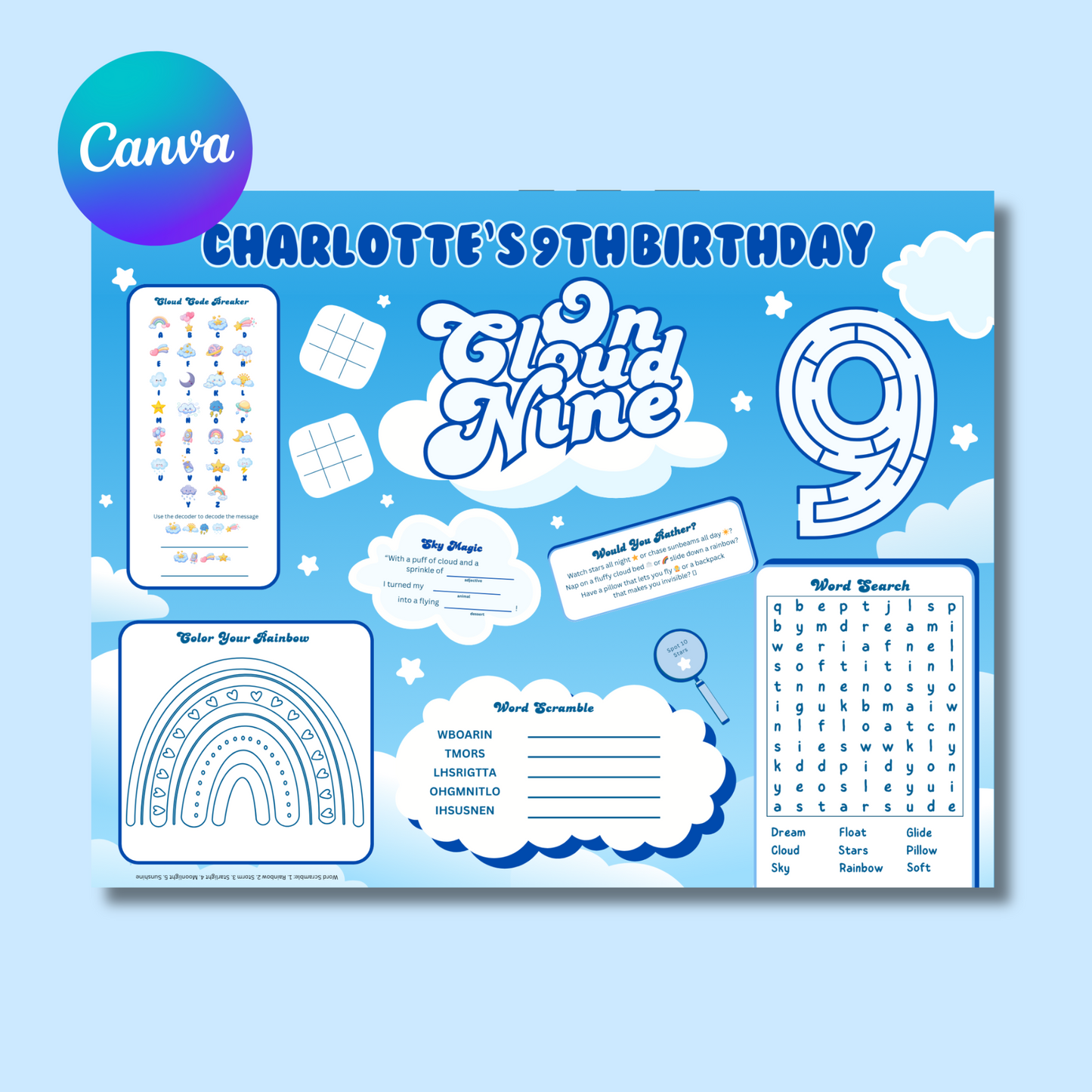 Cloud 9 Birthday Activity Placemat, Editable Cloud 9 Girls Activity Sheet Template, Digital Download In Color