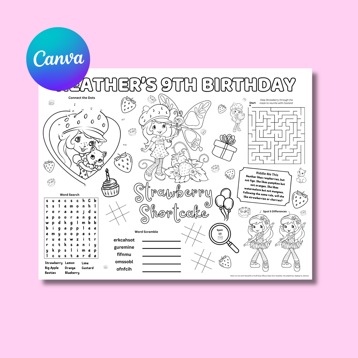 Strawberry Shortcake Editable Activity Placemat Template Black & White