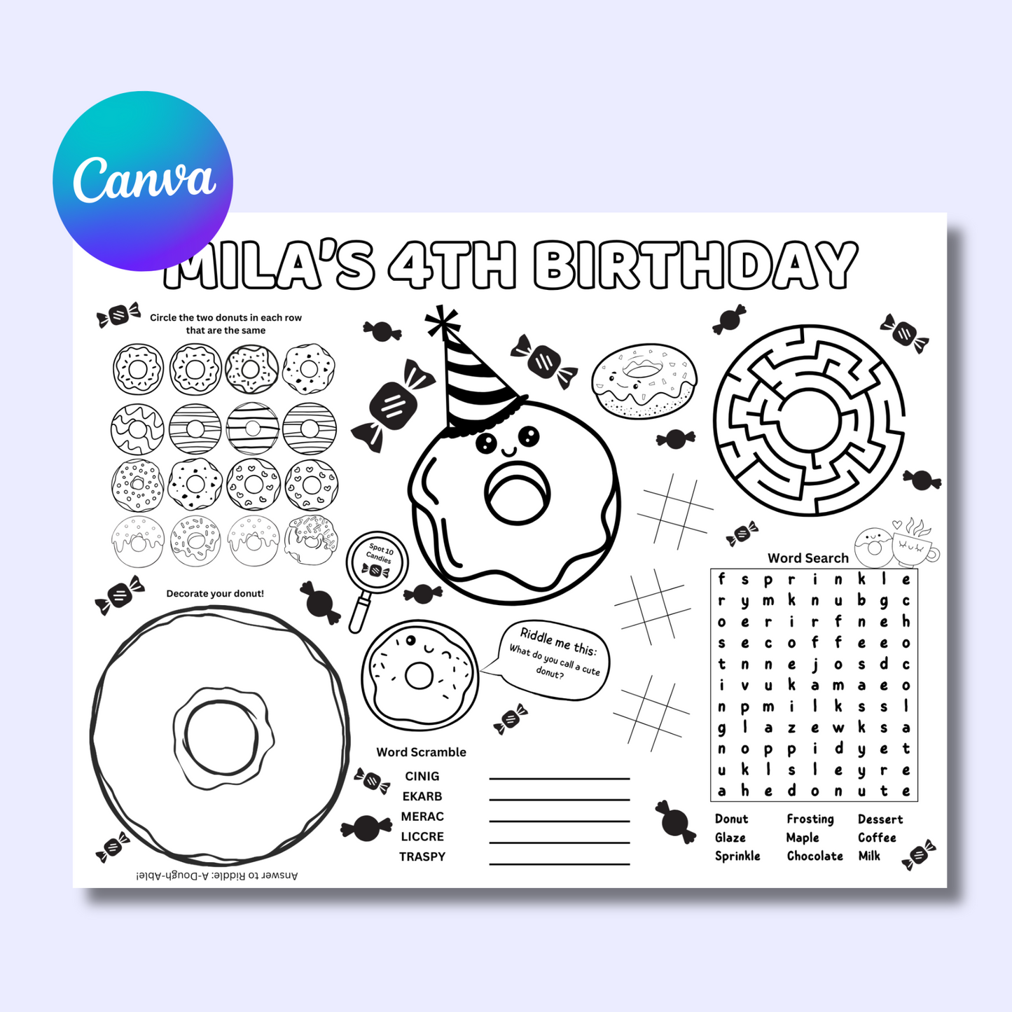 Donut Editable Activity Placemat, Cute Donut Birthday Activity Page Template Black & White