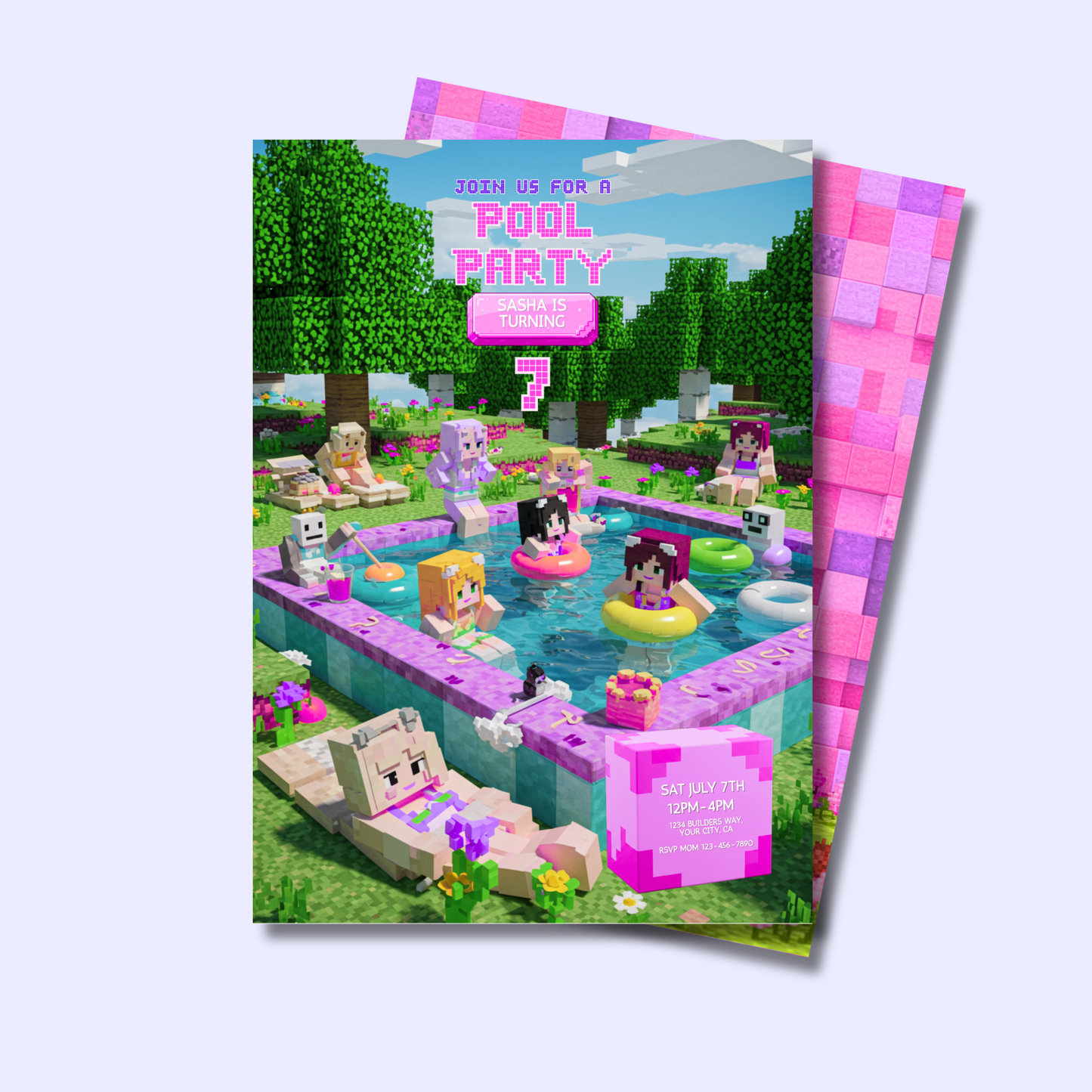 Pixel Pool Party Editable Invitation Template - Minecraft-Inspired Pink Pool Party Invite 5x7, Instant Download