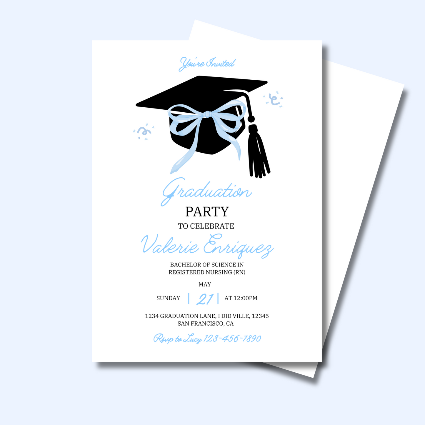 Graduation Invitation, Coquette Grad Cap Invite, Cute Blue Bow College Graduation Party Announcement, Senior Graduation Invite 5x7