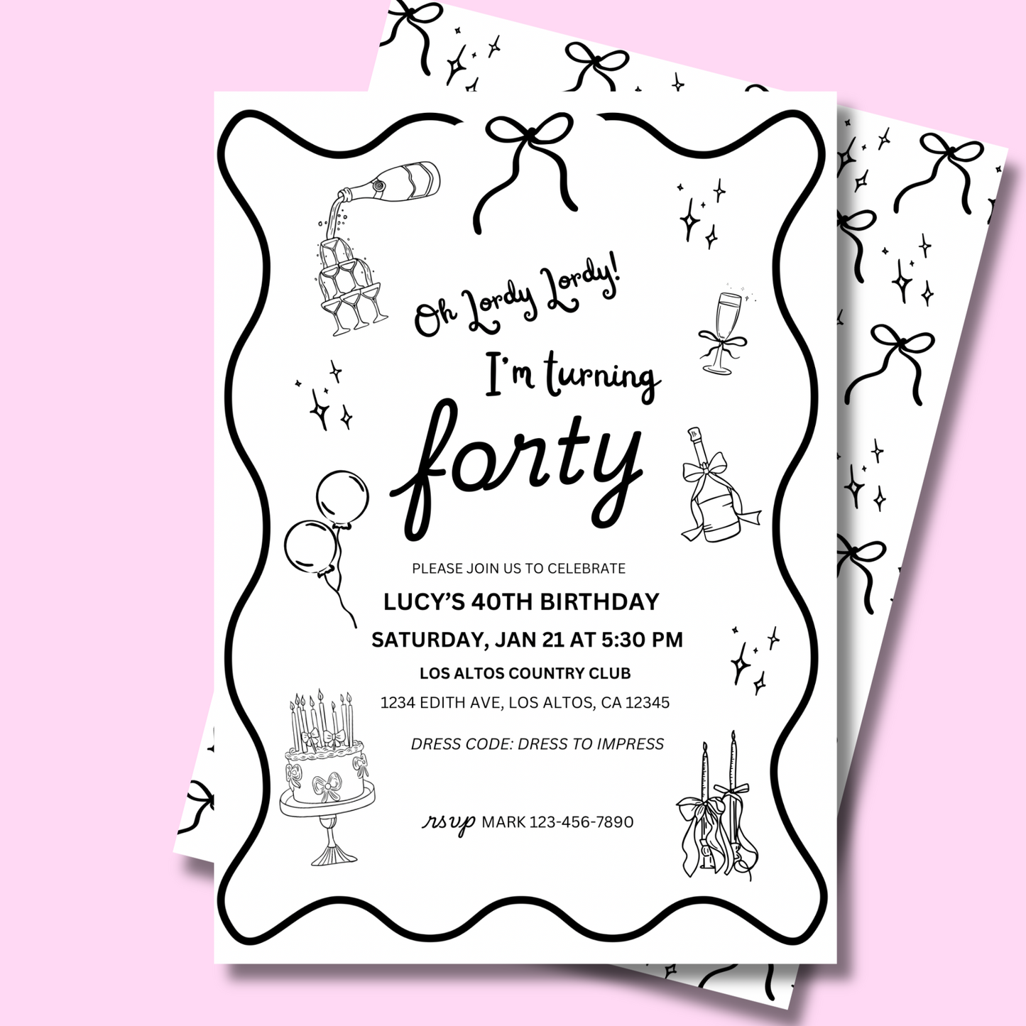 Oh Lordy Turning 40 Birthday Invitation Template, Coquette Bow Theme, 40th Bday Invite, Black & White Illustration Classy Party 5x7
