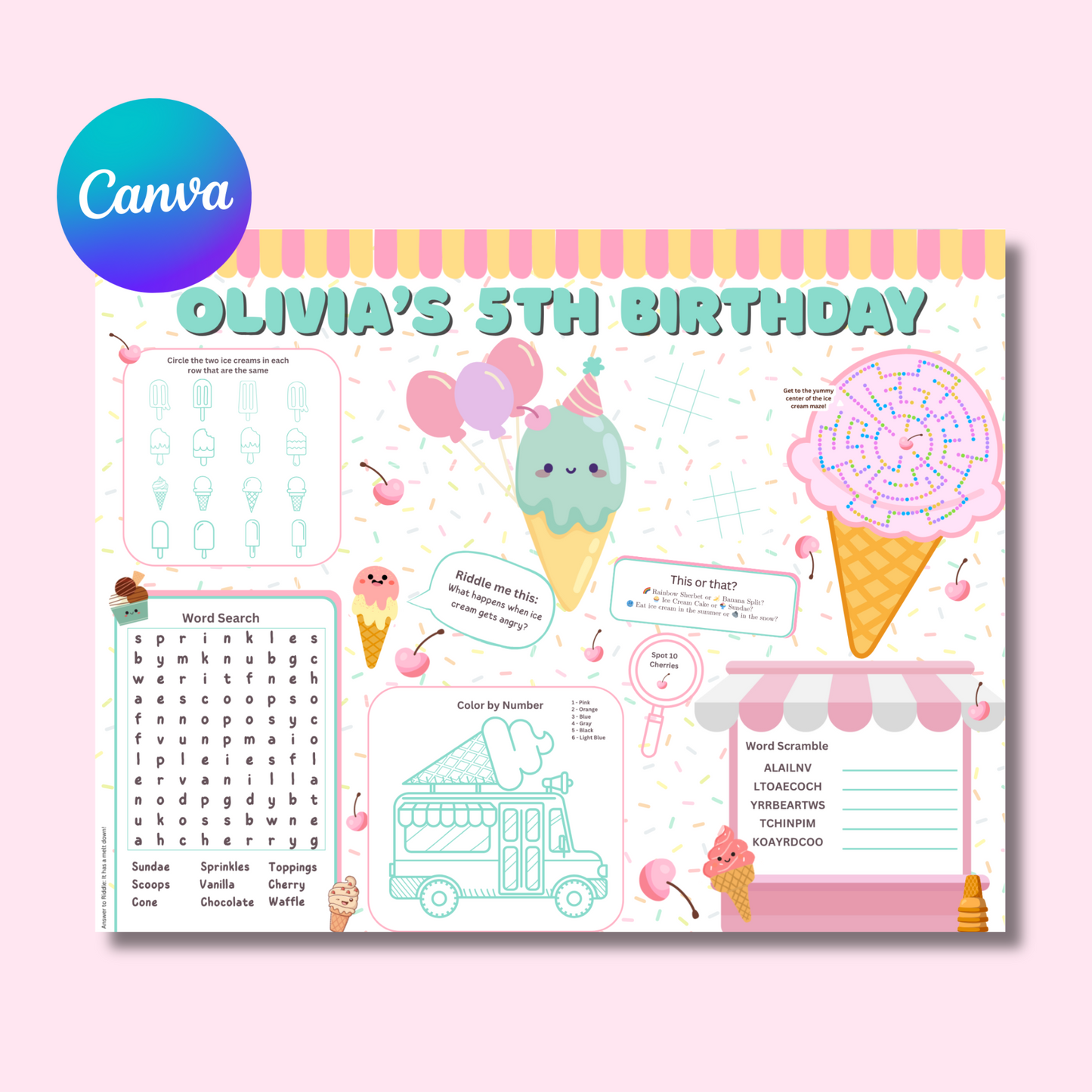 Ice Cream Activity Placemat, Printable Summer Activity Sheet, Ice Cream Party Game for Kids, Digital Download In Color