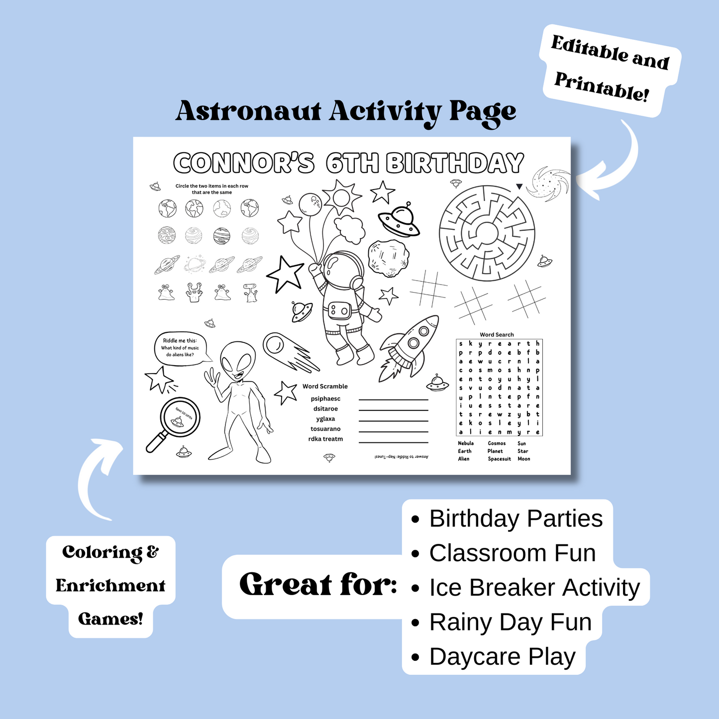 Astronaut Editable Activity Placemat, Birthday Activity Page Template Black and White