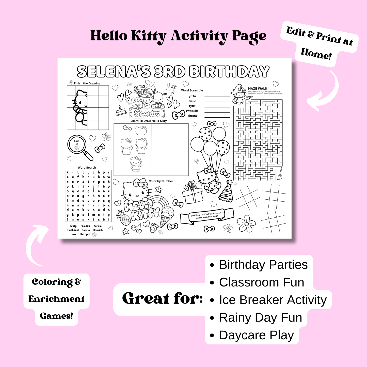 Hello Kitty Activity Placemat Printable Black & White