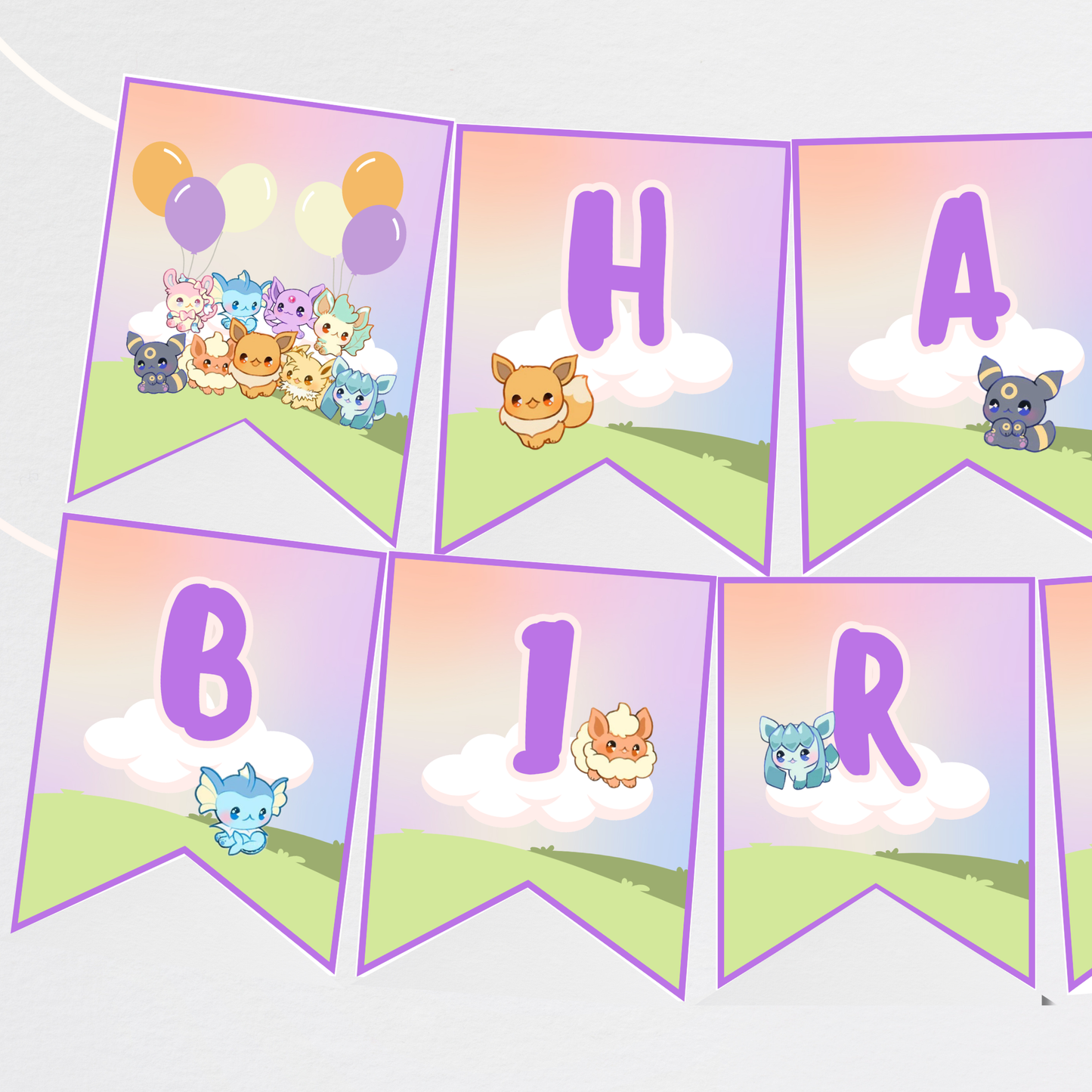 Eevee Birthday Banner Editable, Eeveelutions Pokemon Bunting Banner Printable