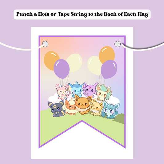 Eevee Birthday Banner Editable, Eeveelutions Pokemon Bunting Banner Printable