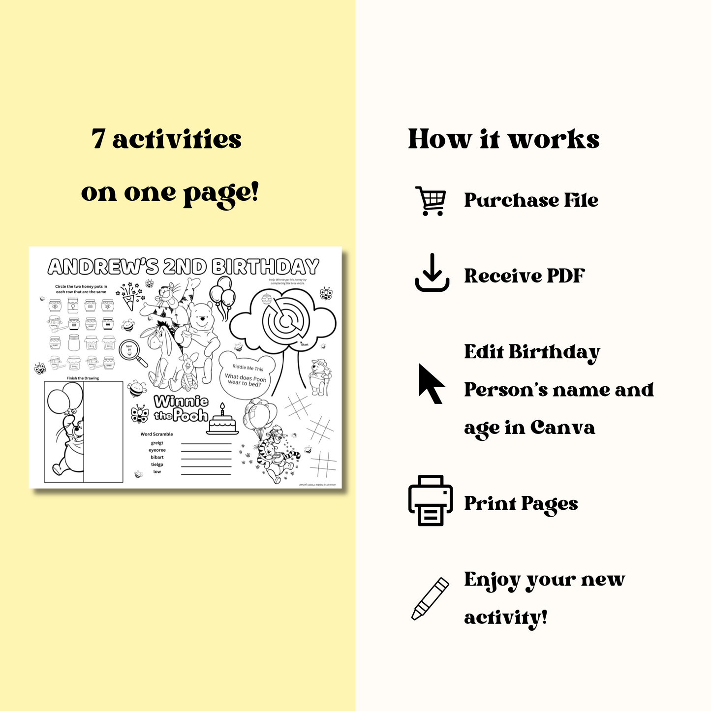 Pooh Bear Editable Activity Placemat, Birthday Activity Page Template