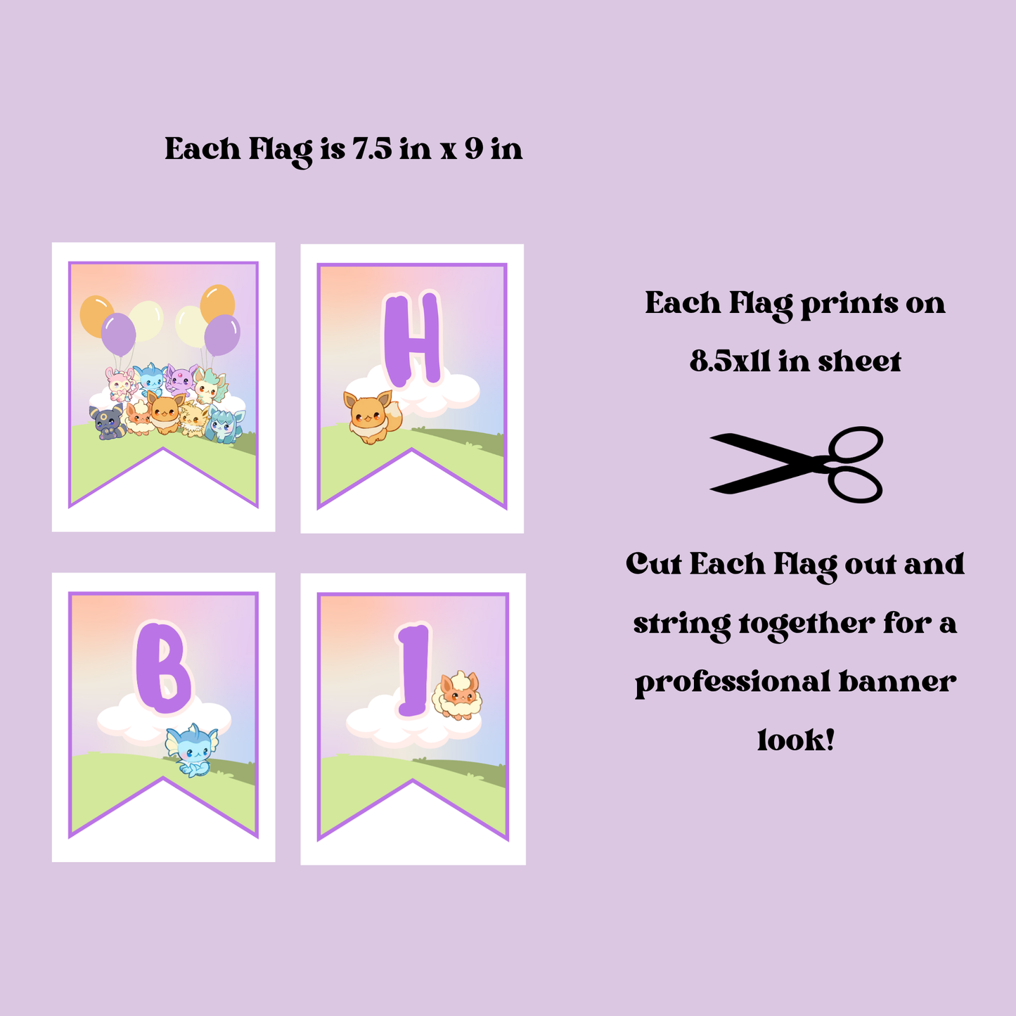 Eevee Birthday Banner Editable, Eeveelutions Pokemon Bunting Banner Printable
