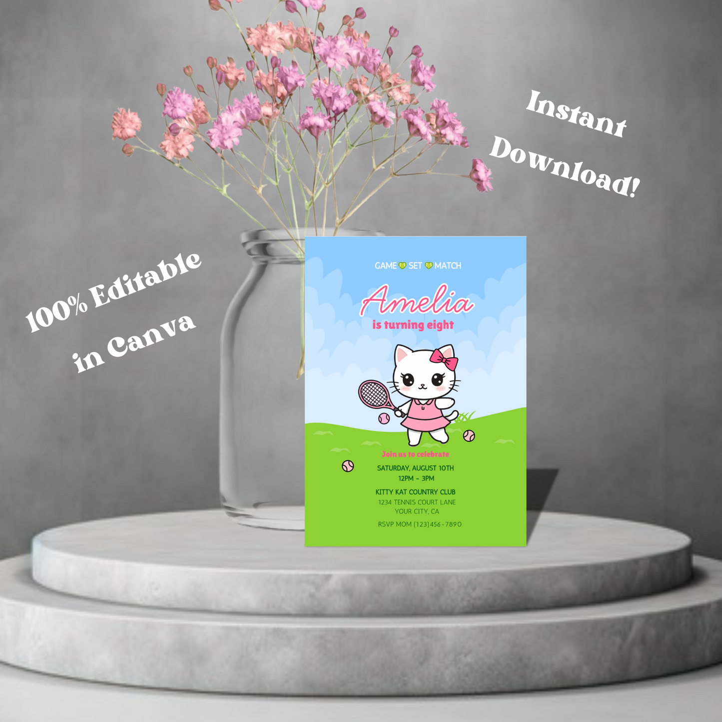 Cat Tennis Party Editable Birthday Invitation, Kawaii Kitty Tennis Invitation, Preppy Pink & Green Invite, Instant Download 5x7