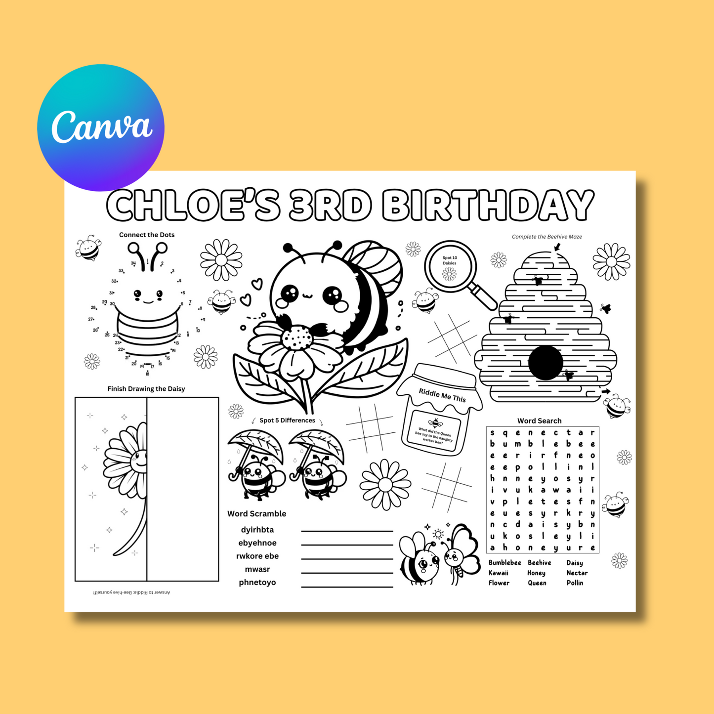 Bee Editable Activity Placemat, Birthday Activity Page Template Black & White