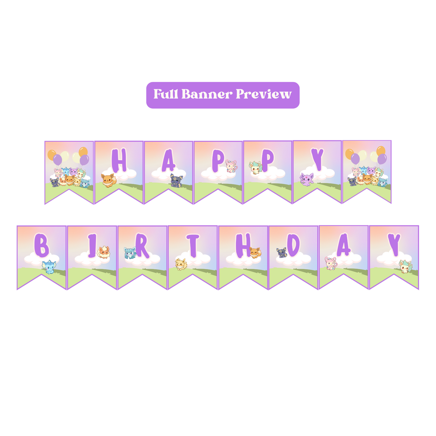 Eevee Birthday Banner Editable, Eeveelutions Pokemon Bunting Banner Printable