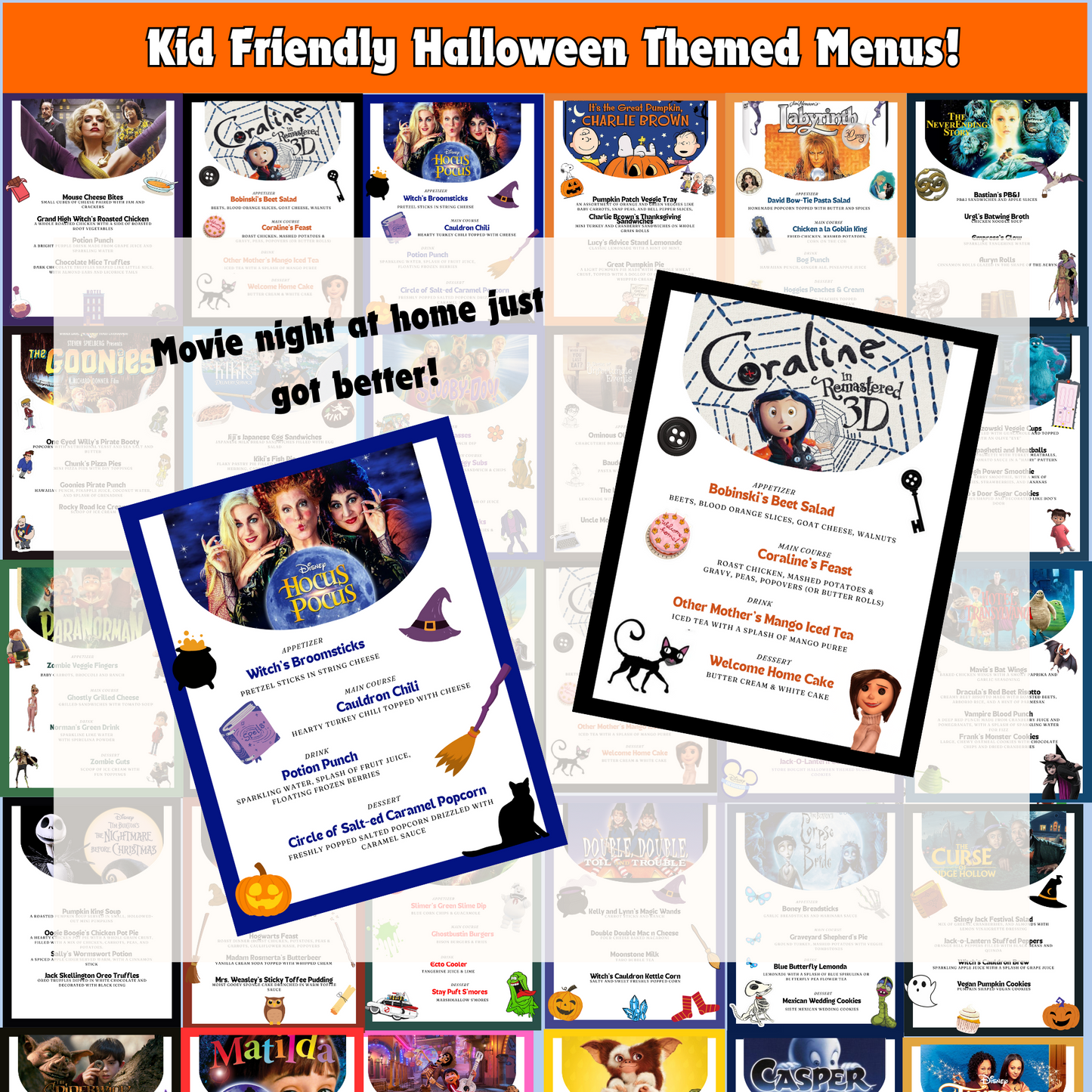 Halloween Dinner and a Movie Night Menus, 30+ Halloween Movie Night Ideas for Family Movie Night, Kid Friendly Editable Menus