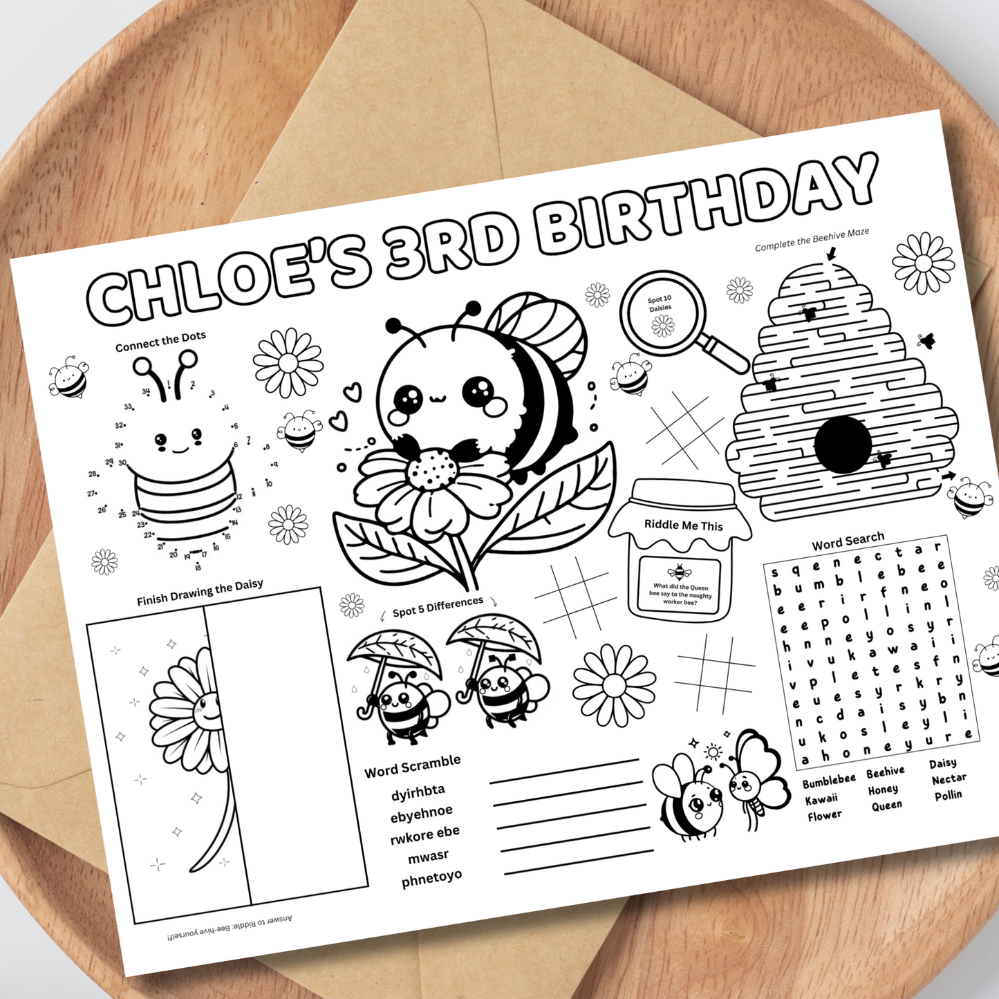 Bee Editable Activity Placemat, Birthday Activity Page Template Black & White