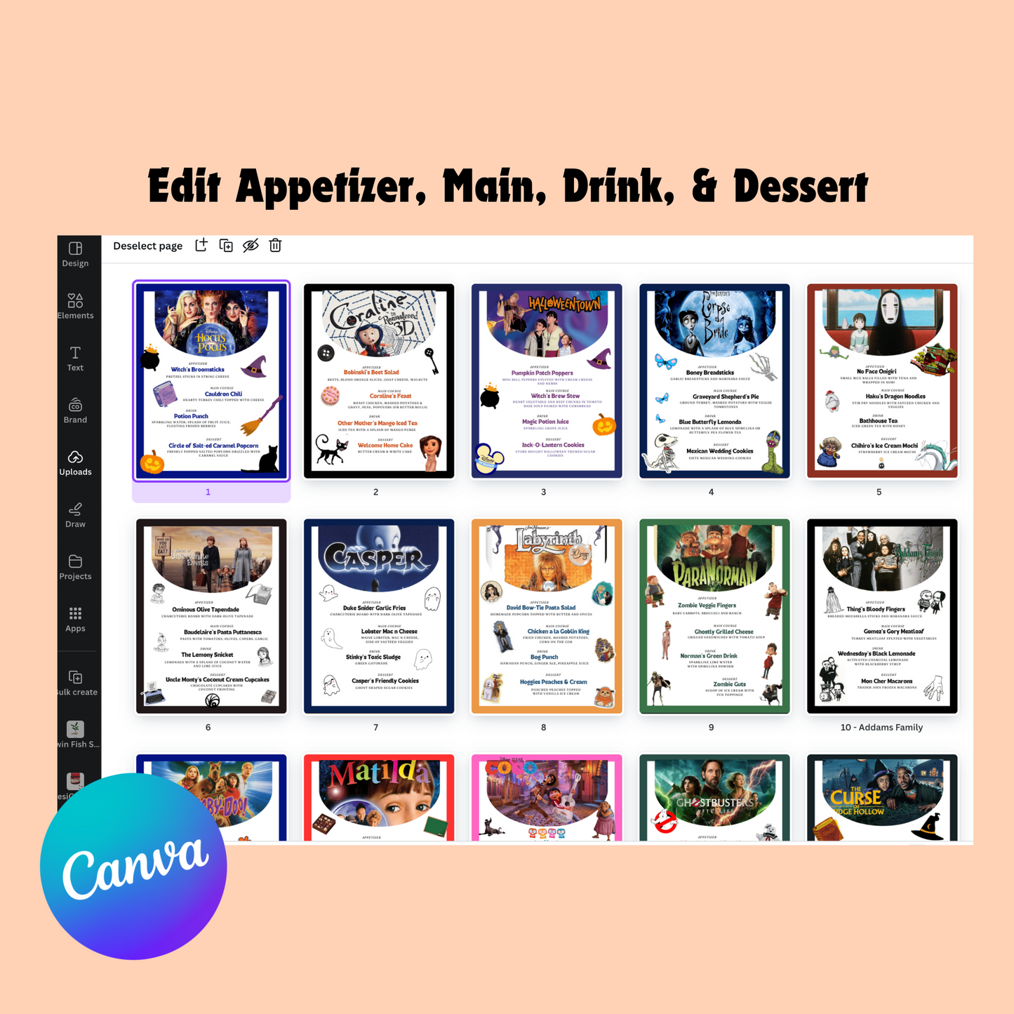 Halloween Dinner and a Movie Night Menus, 30+ Halloween Movie Night Ideas for Family Movie Night, Kid Friendly Editable Menus