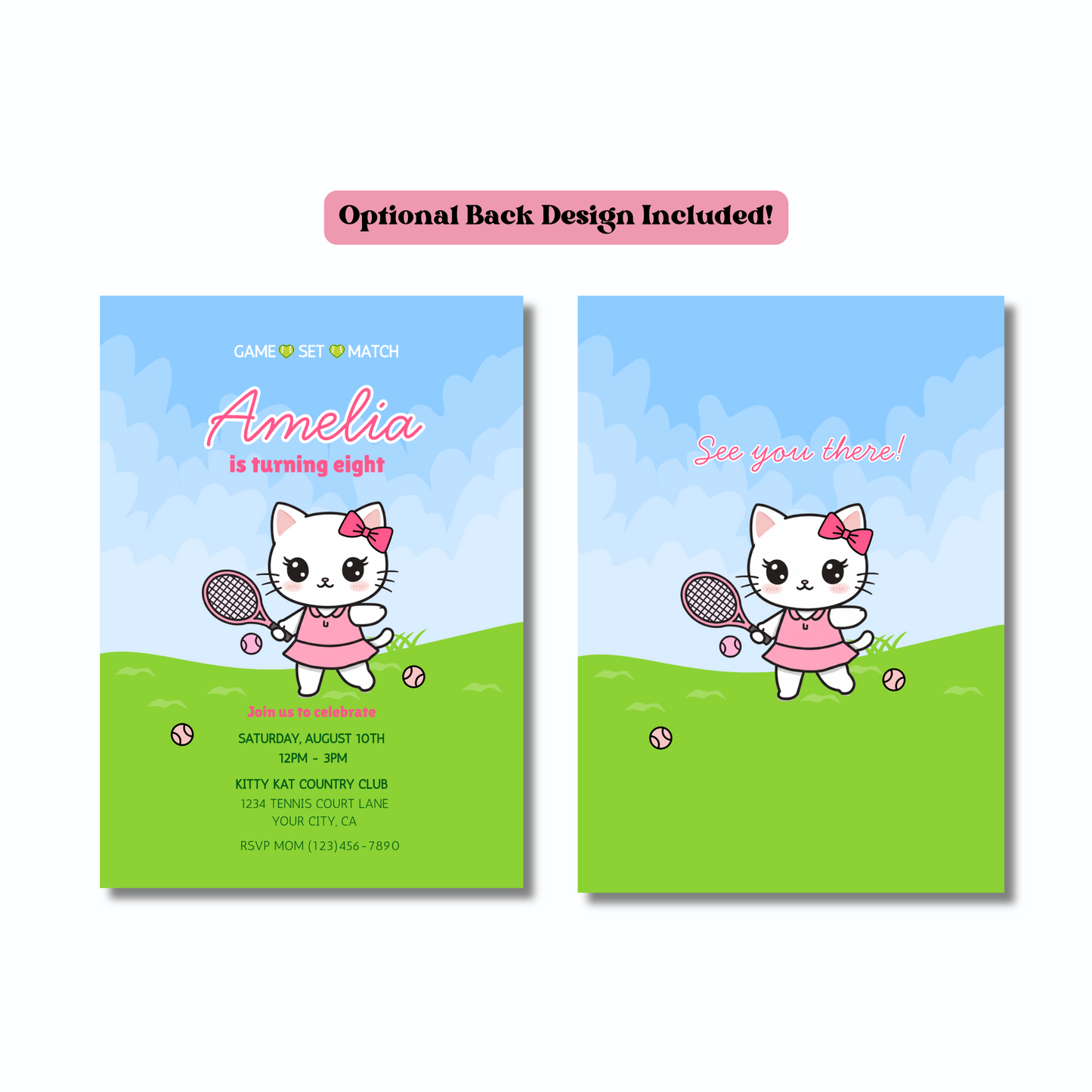 Cat Tennis Party Editable Birthday Invitation, Kawaii Kitty Tennis Invitation, Preppy Pink & Green Invite, Instant Download 5x7