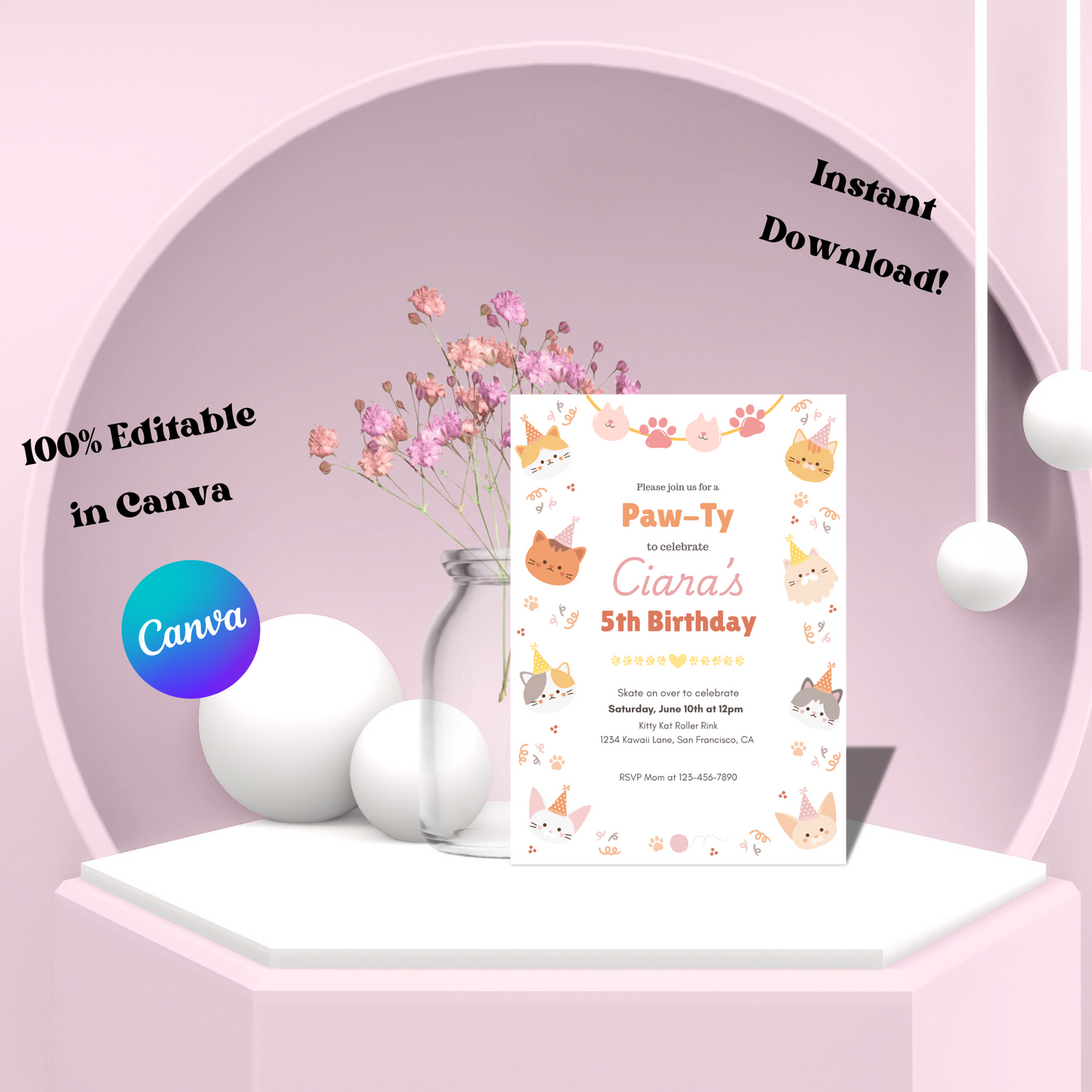 Cat Editable Invitation, Cute Cats Birthday Invite, Kitty Cat Birthday Party, Let's Pawty, Digital Template