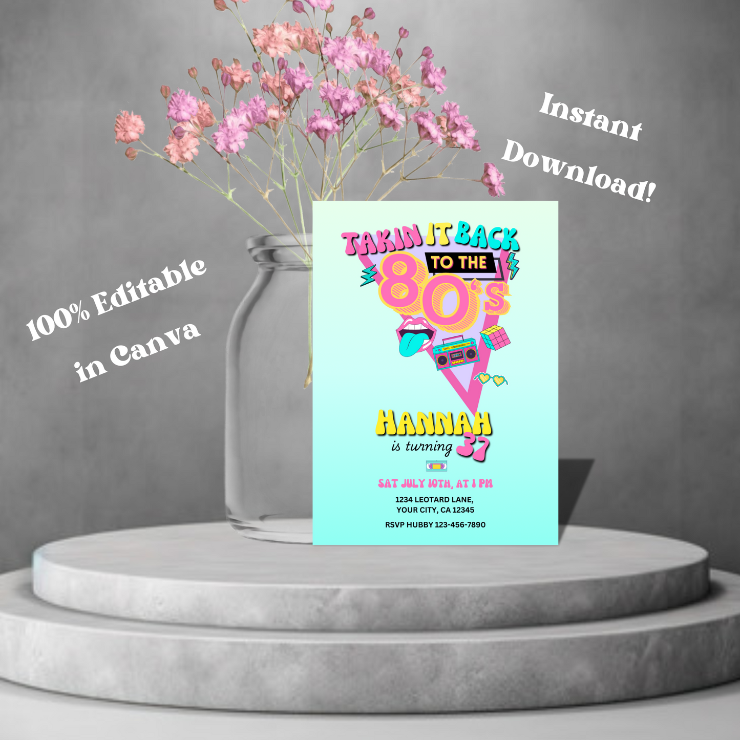 80's Editable Birthday Invite, Retro Disco Dance Birthday Invitation, Throwback Dance Party Invite 5x7