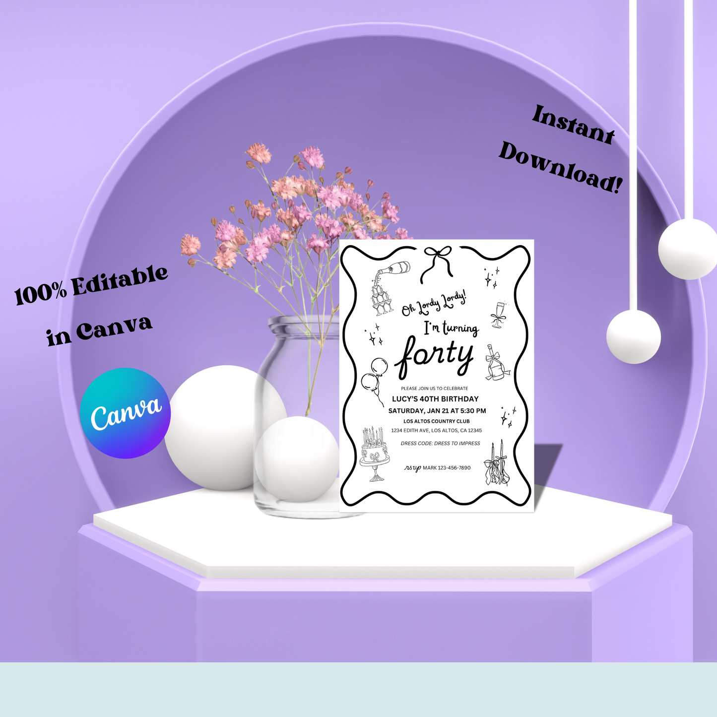 Oh Lordy Turning 40 Birthday Invitation Template, Coquette Bow Theme, 40th Bday Invite, Black & White Illustration Classy Party 5x7