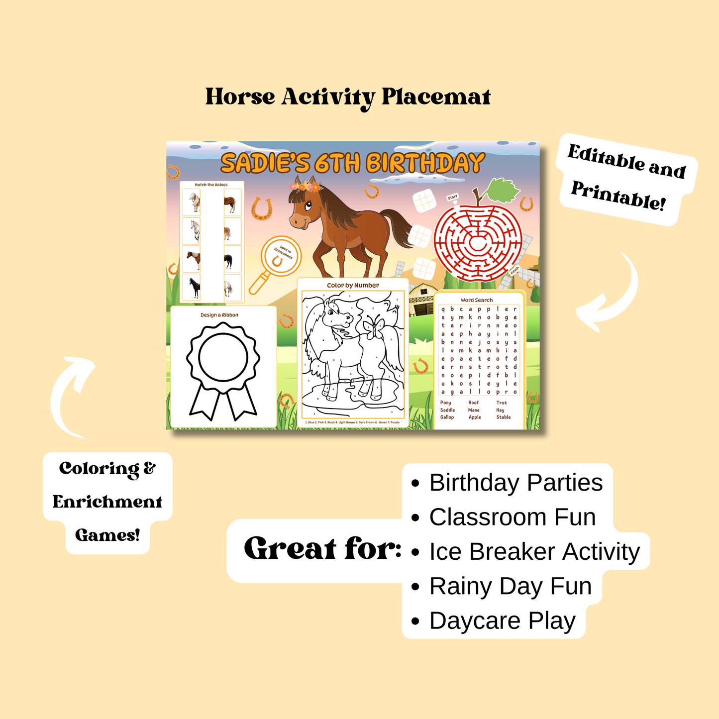 Horse Birthday Activity Placemat, Editable Pony Activity Sheet Template, Farm and Pony Games, Digital Download In Color