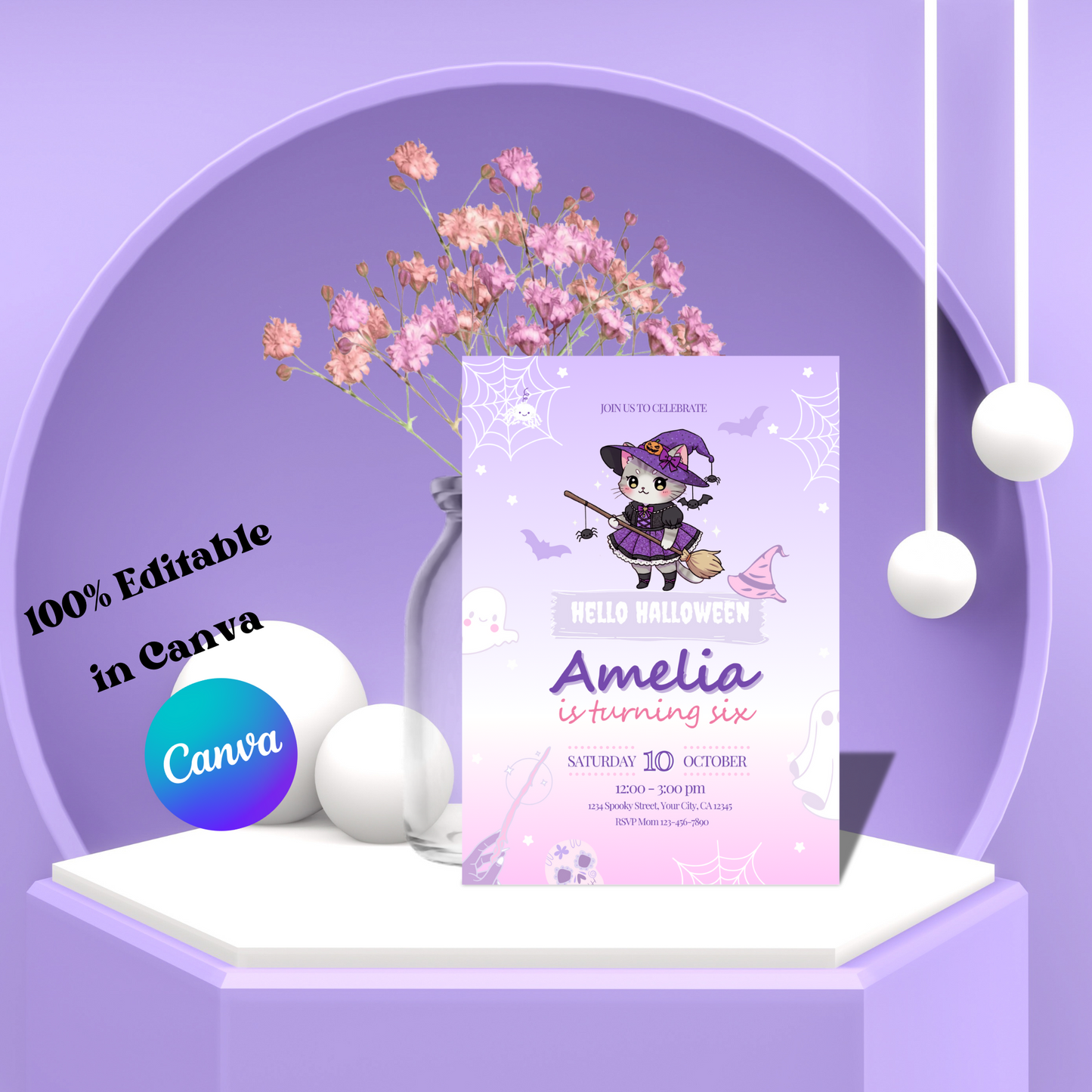 Halloween Kitty Birthday Invitation, Kawaii Witch Kitty Party Invite, Editable Template, Spooky Cute Kids Halloween Birthday, 5x7