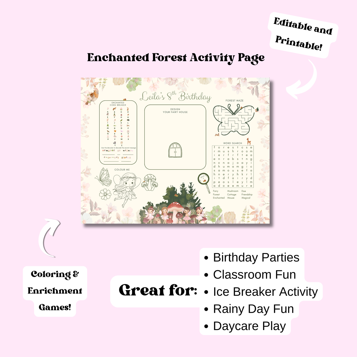 Enchanted Forest Birthday Party Placemat: Woodland Fairy Printable Activity Sheet In Color Instant Download