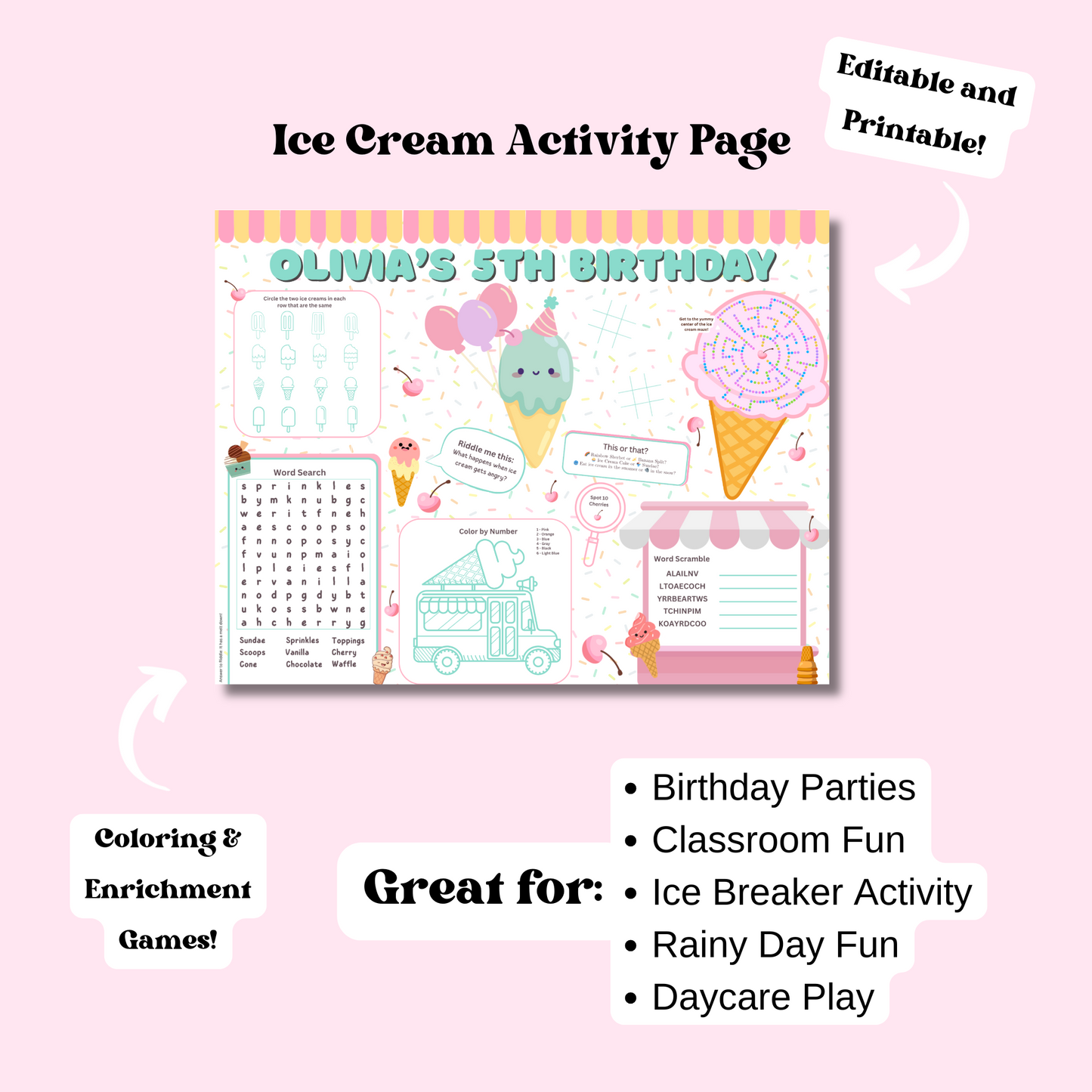 Ice Cream Activity Placemat, Printable Summer Activity Sheet, Ice Cream Party Game for Kids, Digital Download In Color