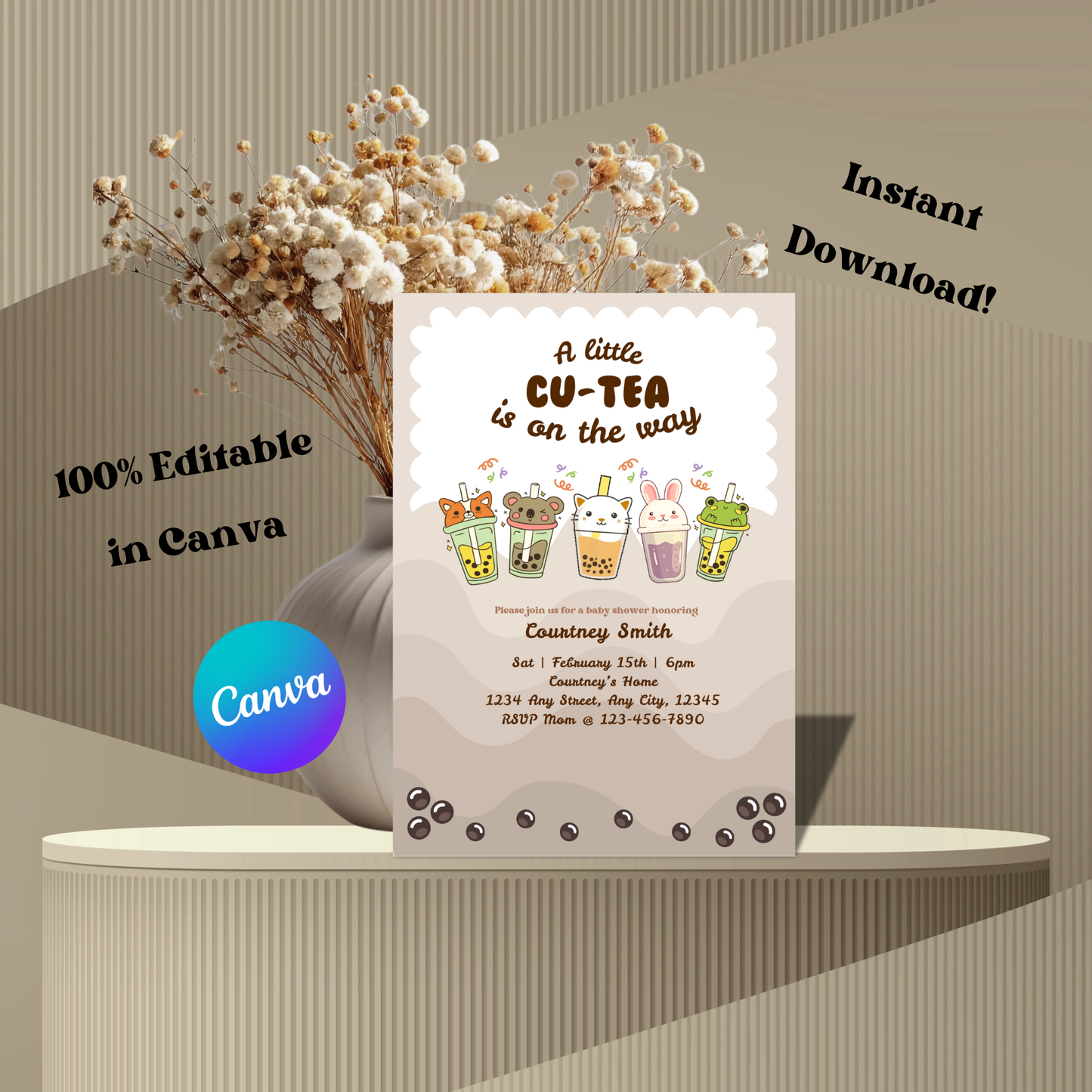 Boba Cu-Tea Editable 5x7 Birthday Invite (Digital Download)
