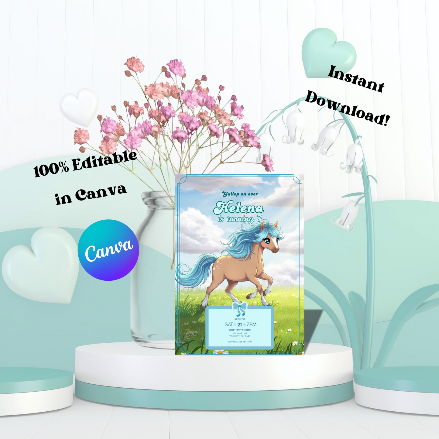 Horse Editable Birthday Invitation, Beautiful Horse Invitation, Cute Gallop on Over Invite, Instant Download 5x7